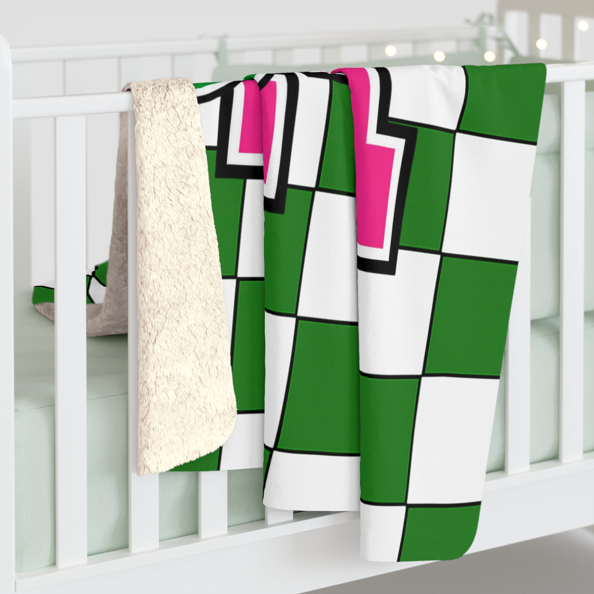Loboes Checkered Sherpa Blanket — Green & Pink School Mascot Throw