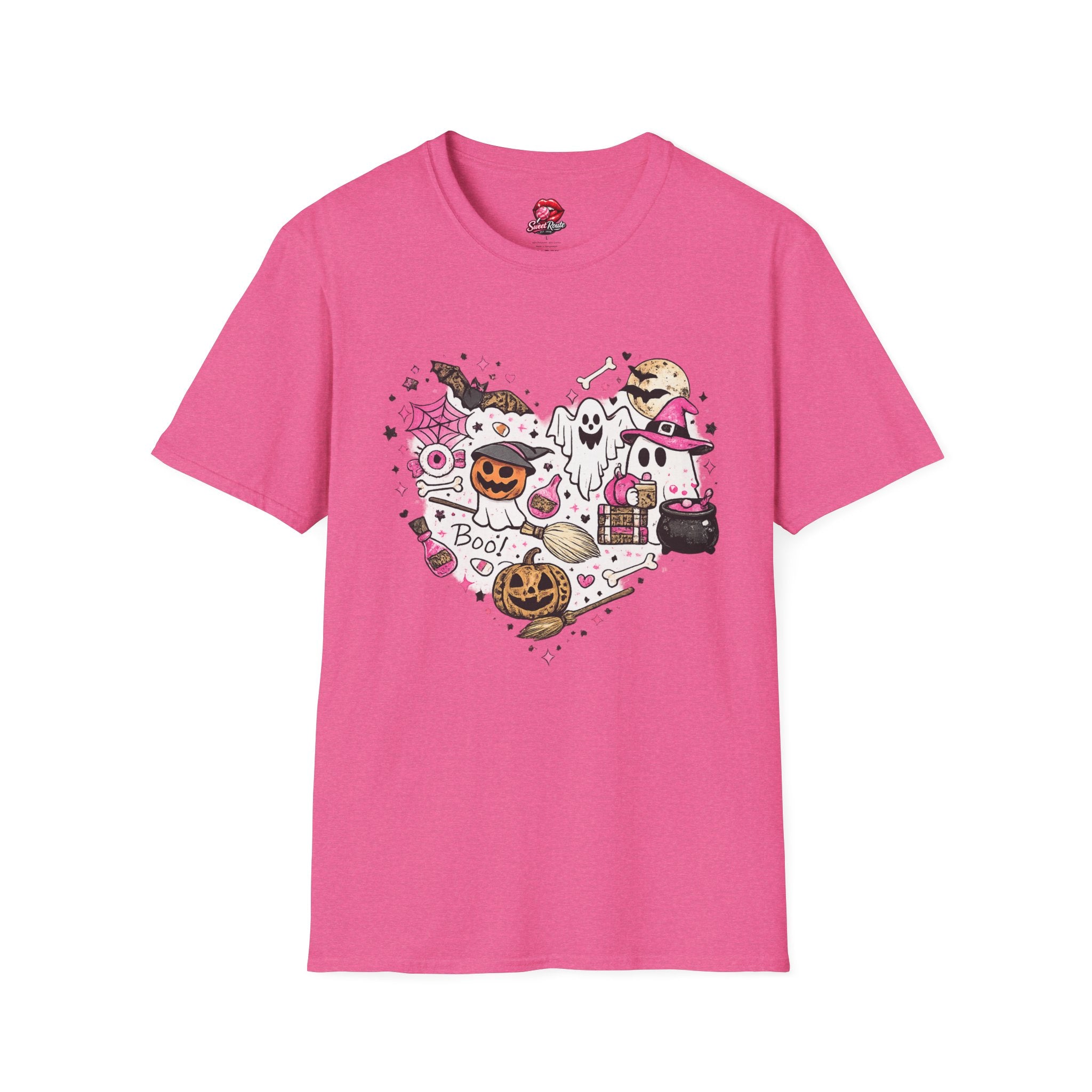 Cute Pink Halloween Characters T-Shirt | Coquette Ghost Pumpkin Graphic Tee | Girly Spooky Season Shirt | Retro Halloween Tee