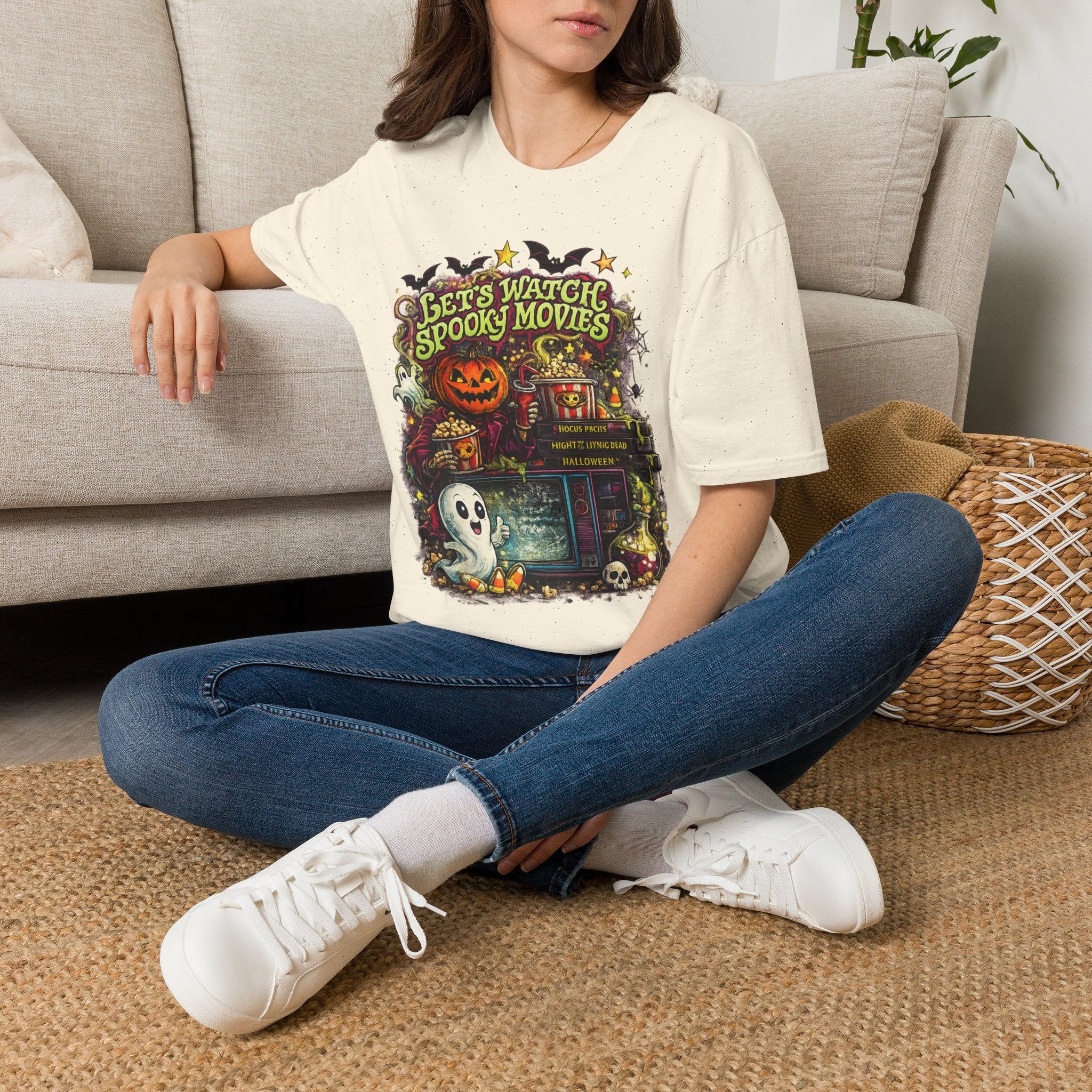 Let’s Watch Spooky Movies T-Shirt | Cute Halloween Movie Night Tee | Retro Ghost Graphic Shirt | Cozy Fall Halloween Tee | Horror Lover Gift