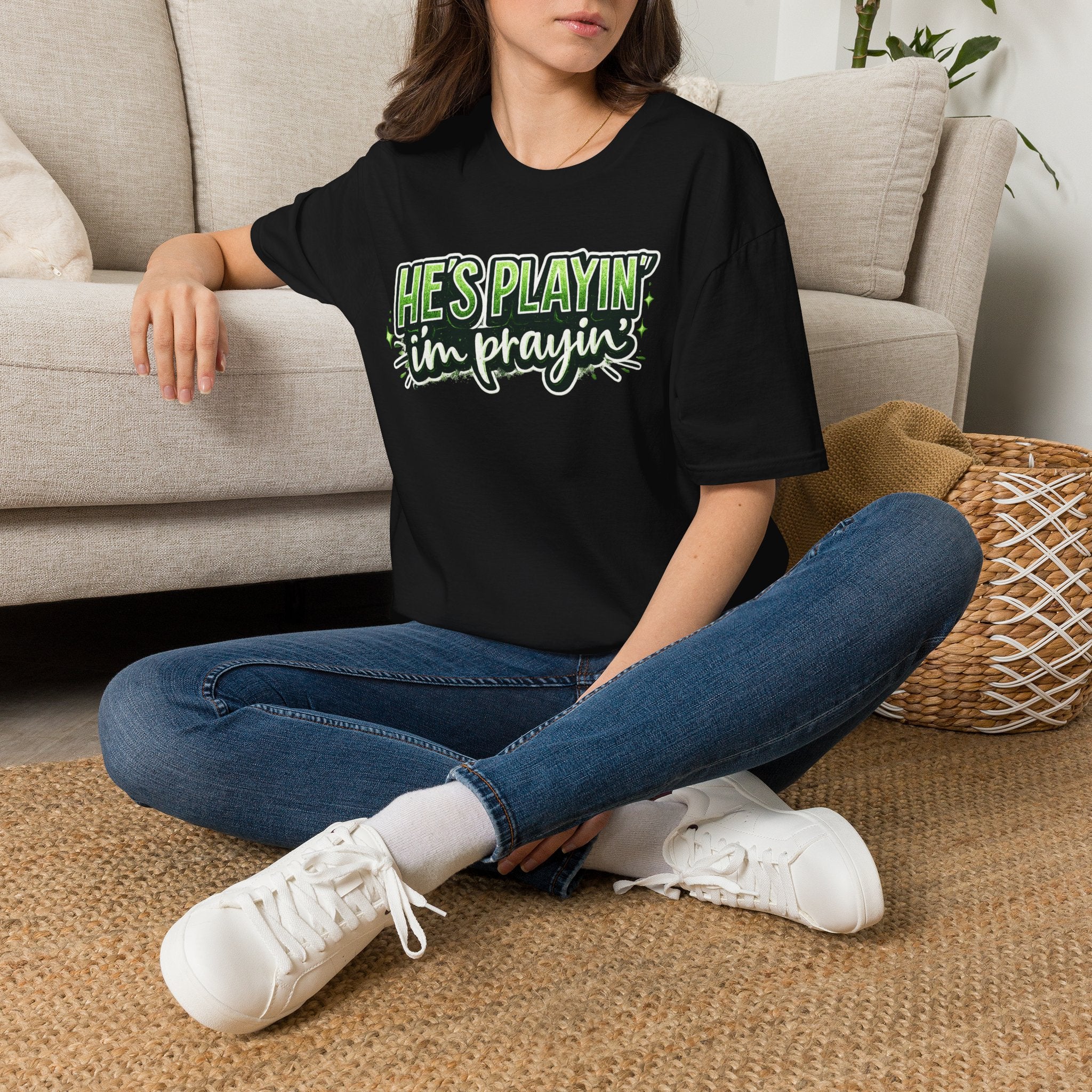 He’s Playin’ I’m Prayin Football Tee