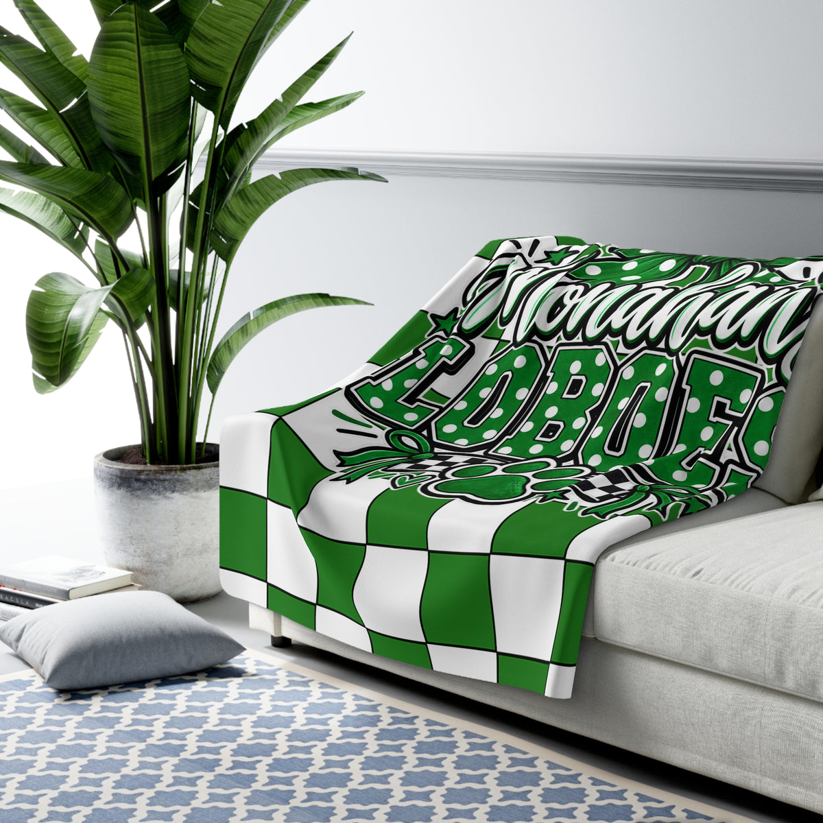 Monahans Loboes Green Check Sherpa Blanket
