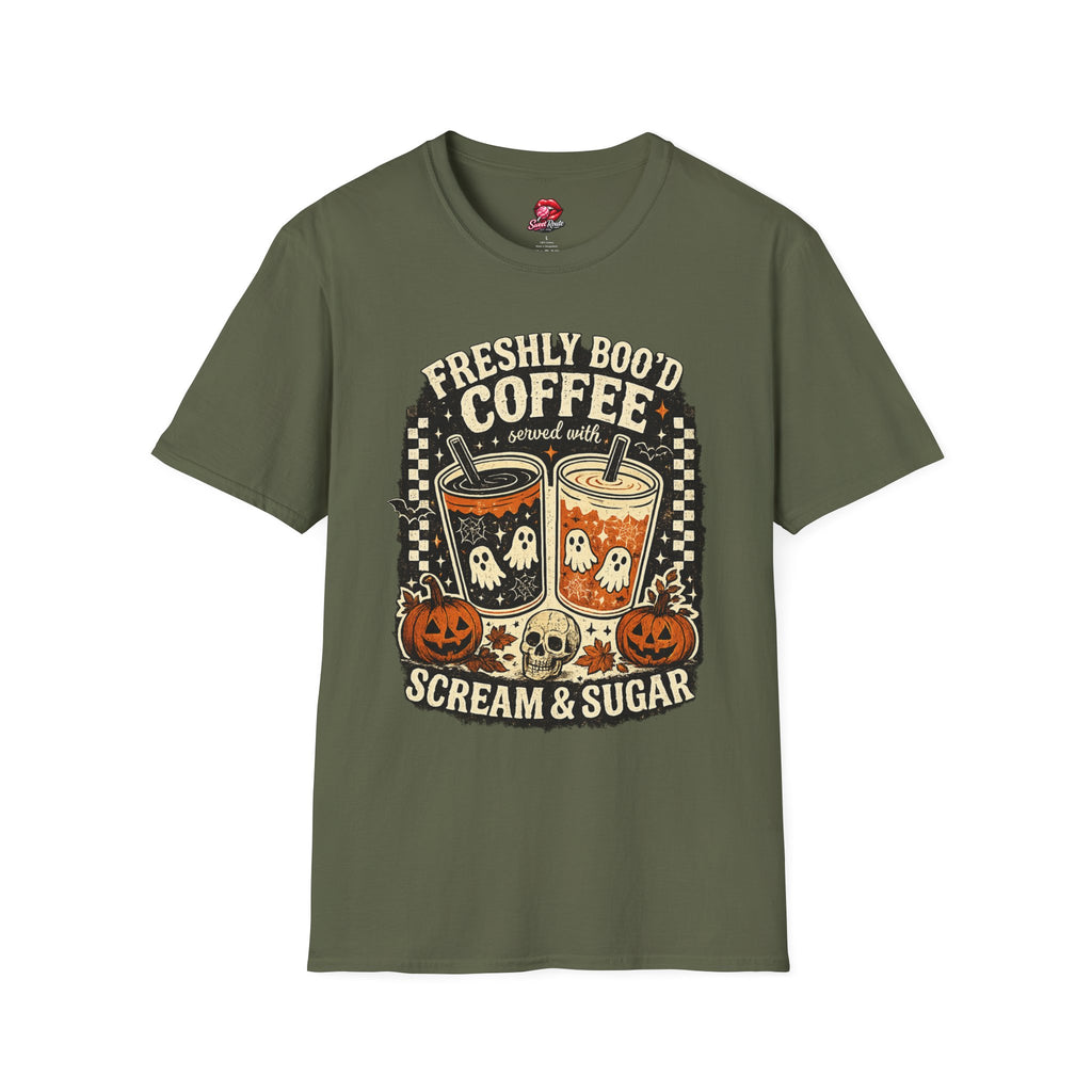 Freshly Boo'd Coffee Hallowee T-Shirt | Cute Ghost Coffee Graphic Tee | Spooky Latte Shirt | Fall Coffee Lover Tee | Pumpkin Season Gift