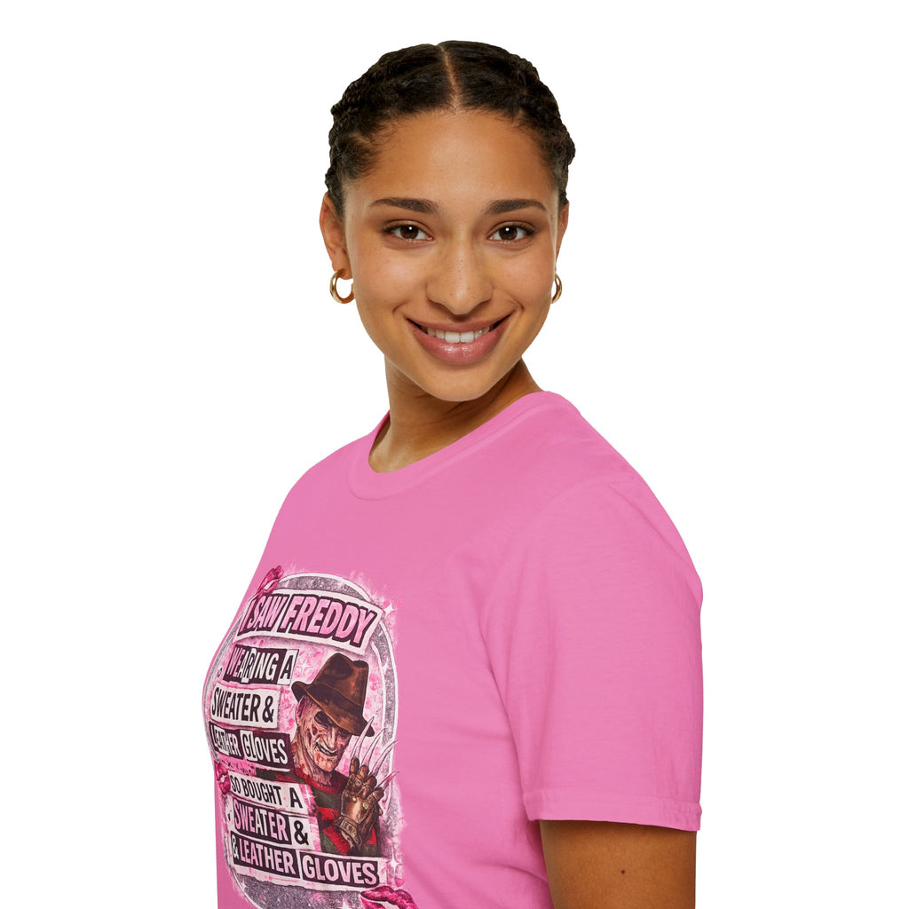 I Saw Freddy Wearing Pink Shirt | Funny Horror Halloween T-Shirt | Retro Slasher Graphic Tee | Cute Spooky Season Horror Fan Shirt