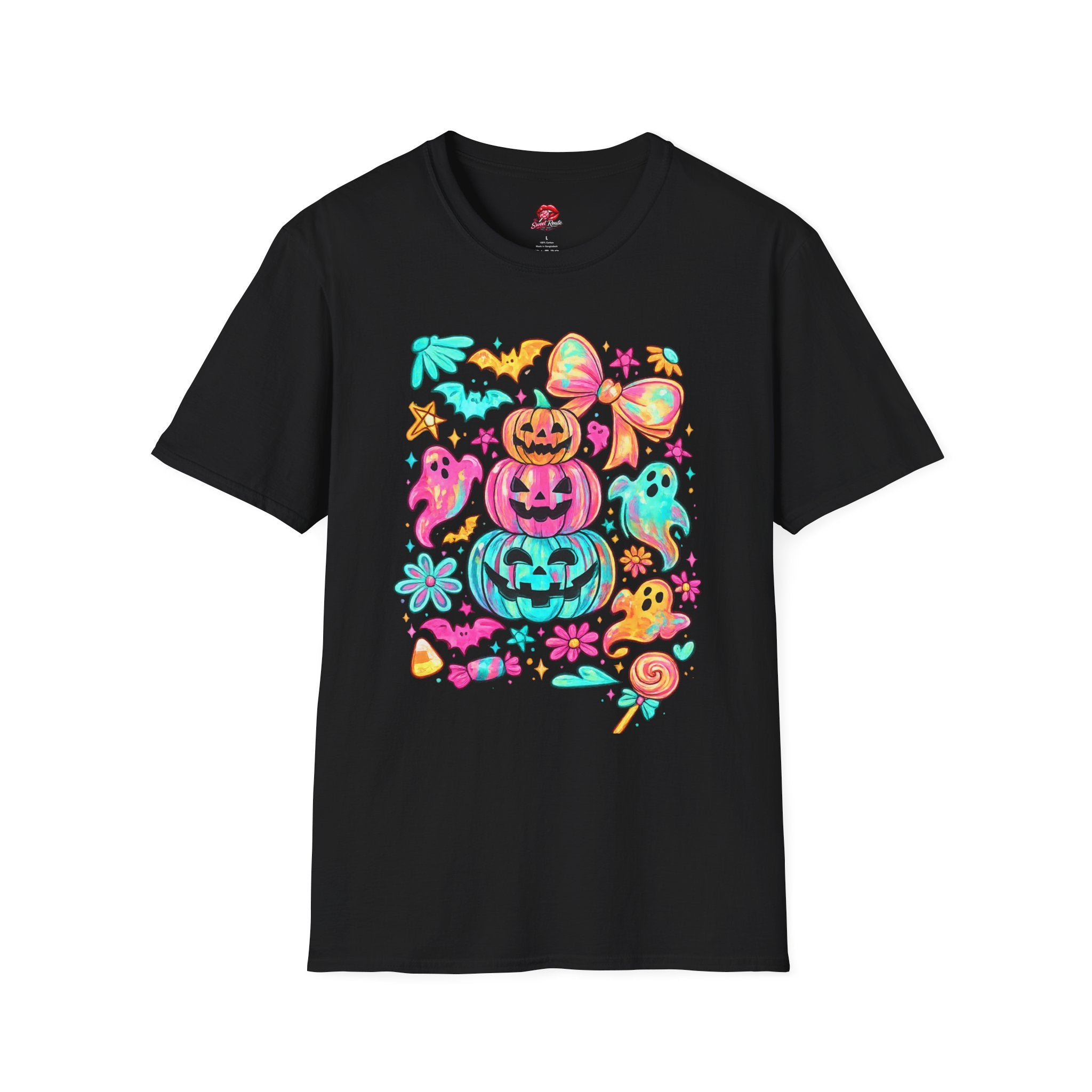 Cute Pastel Halloween Pumpkin & Ghost Graphic T-Shirt | Coquette Spooky Season Tee