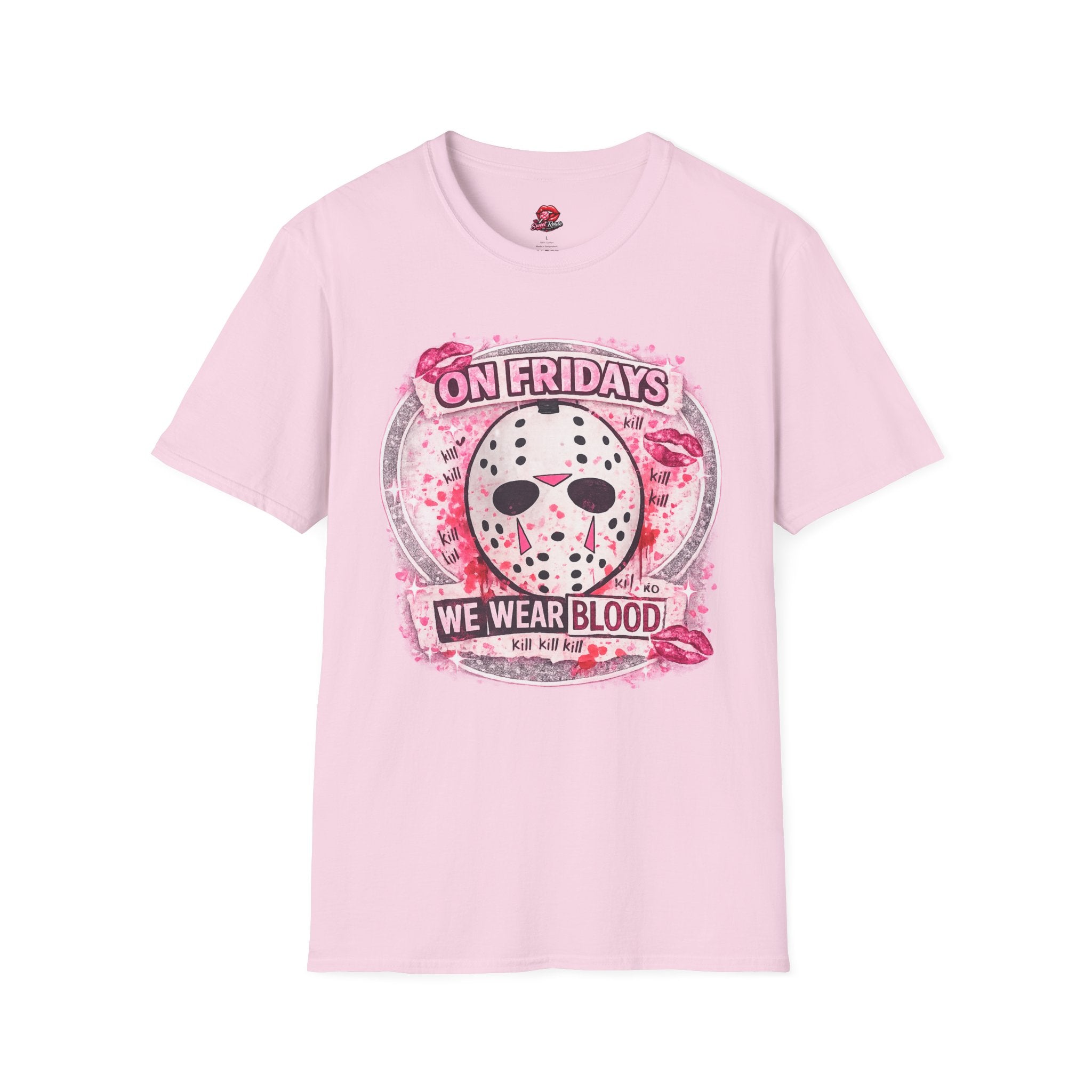 On Fridays We Wear Blood Horror T-Shirt | Pink Slasher Graphic Tee | Cute Halloween Horror Shirt for Spooky Girls