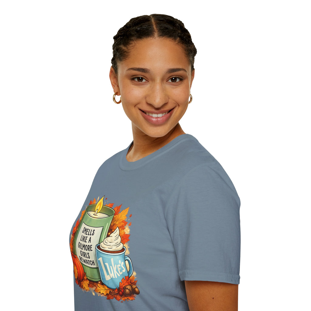 Smells Like a Cozy Fall Rewatch Graphic T-Shirt | Autumn Coffee & Candle Tee | Book Lover Fall Shirt