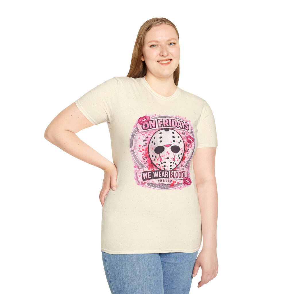 On Fridays We Wear Blood Horror T-Shirt | Pink Slasher Graphic Tee | Cute Halloween Horror Shirt for Spooky Girls