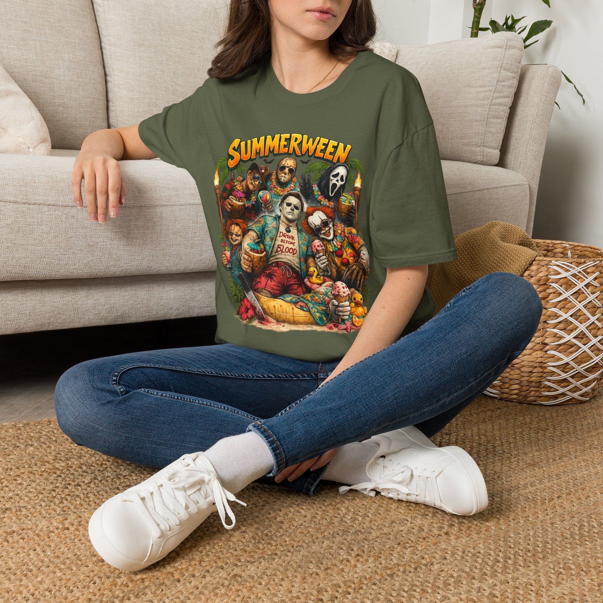 Summerween Horror Movie Characters T-Shirt | Retro Summer Halloween Tee | Spooky Beach Graphic Shirt | Horror Fan Gift | Vintage Summerween Tee