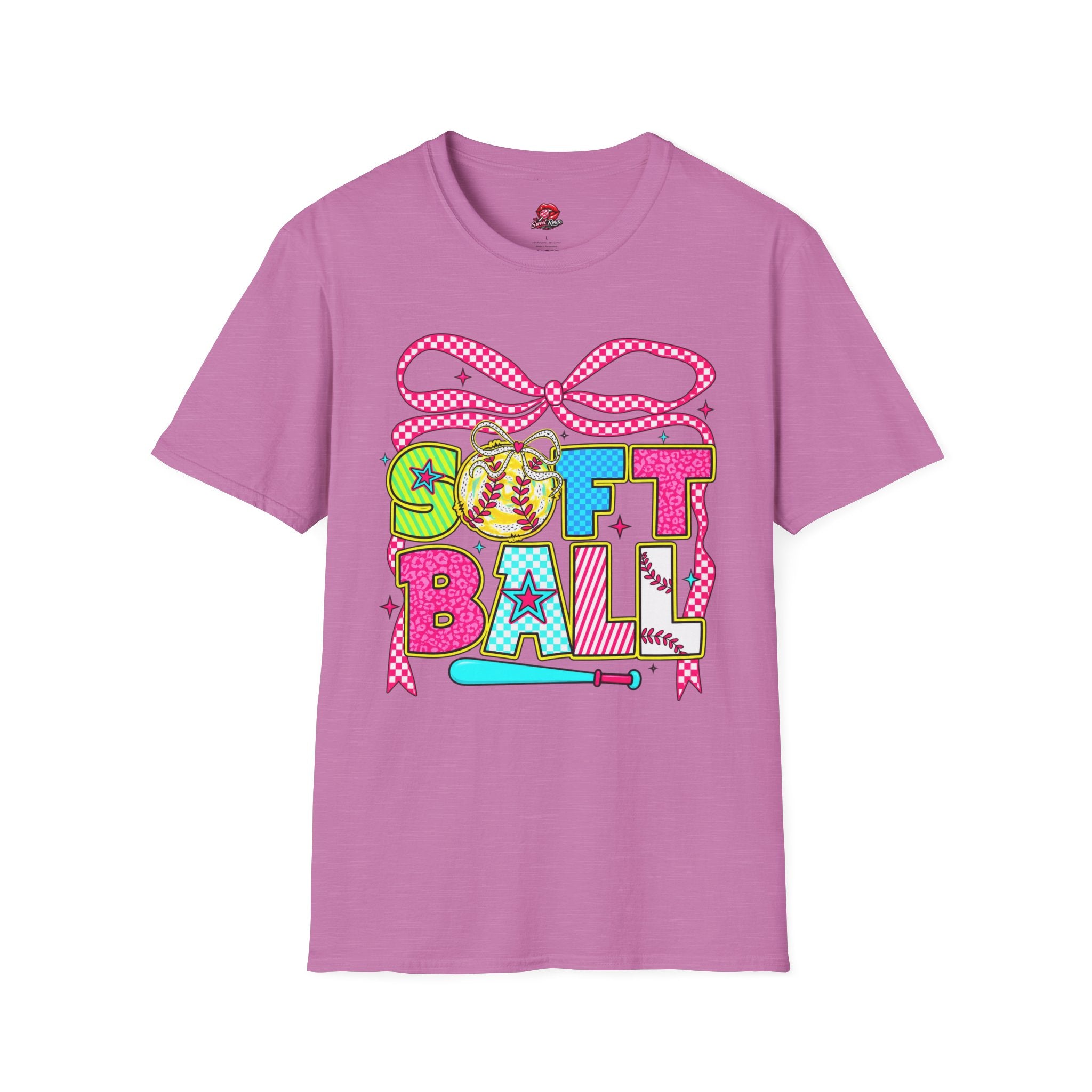 Colorful Bow & Bat Softball Tee