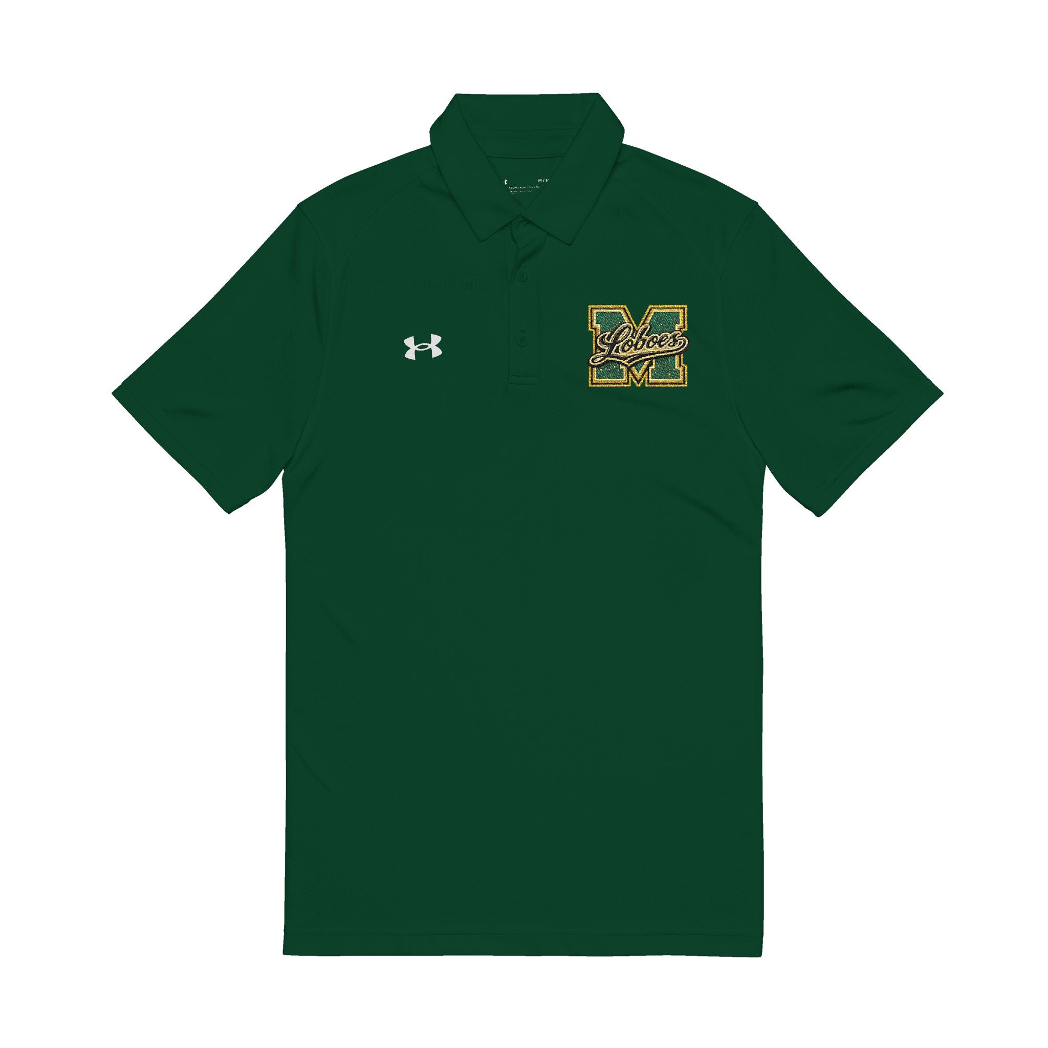 Embroidered White Polo Shirt with Green & Gold 'M' Crest
