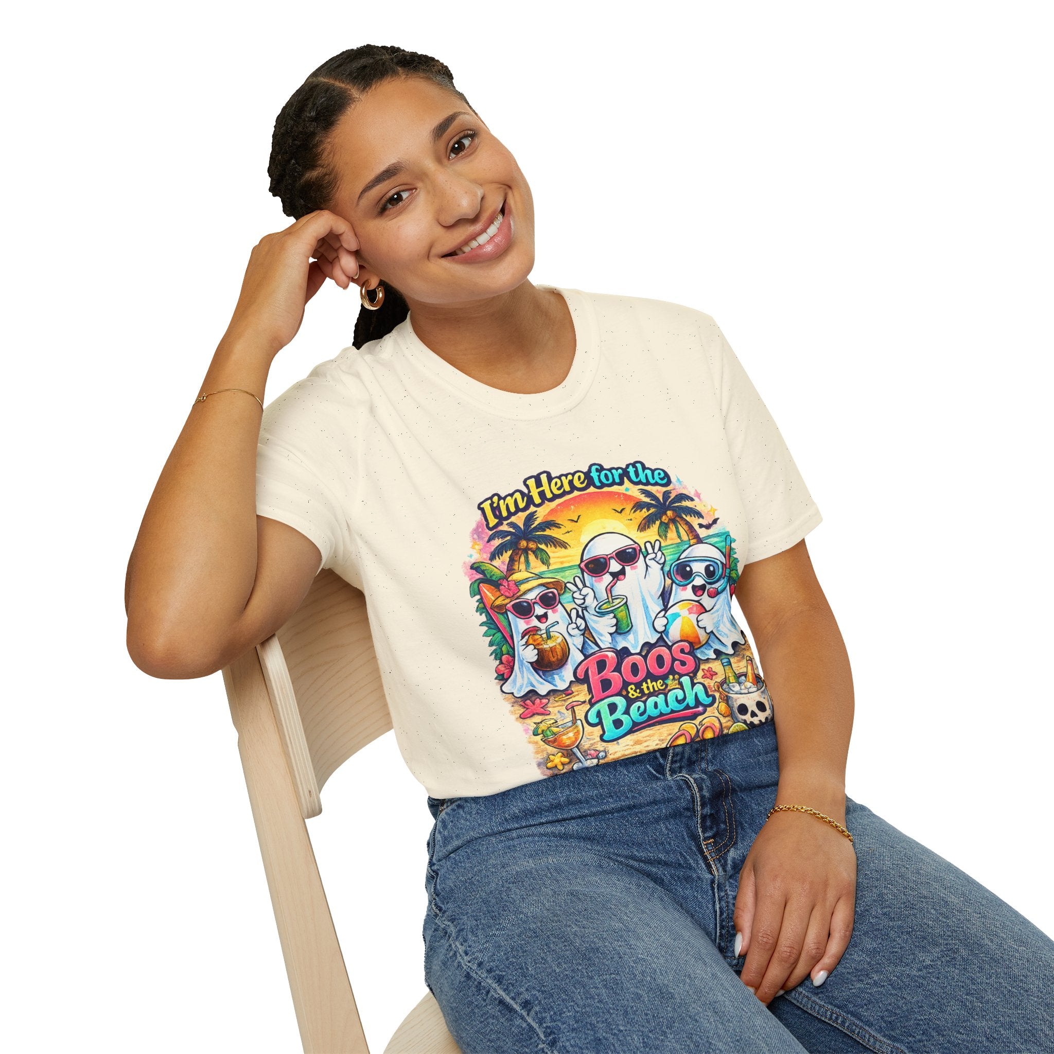 I’m Here for the Boos at the Beach Shirt | Summerween Ghost Beach T-Shirt | Cute Coastal Halloween Tee | Retro Spooky Beach Vacation Shirt