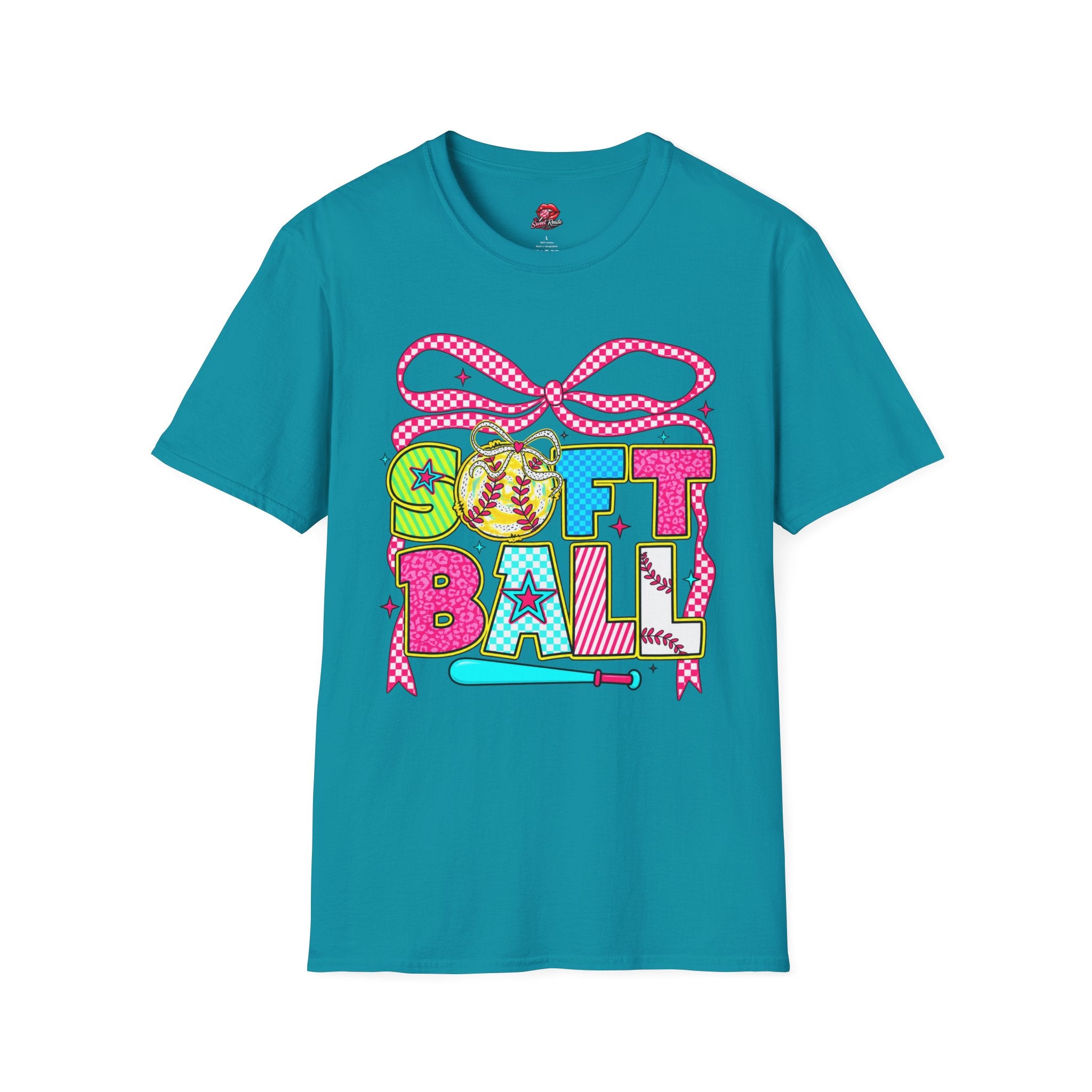 Colorful Bow & Bat Softball Tee