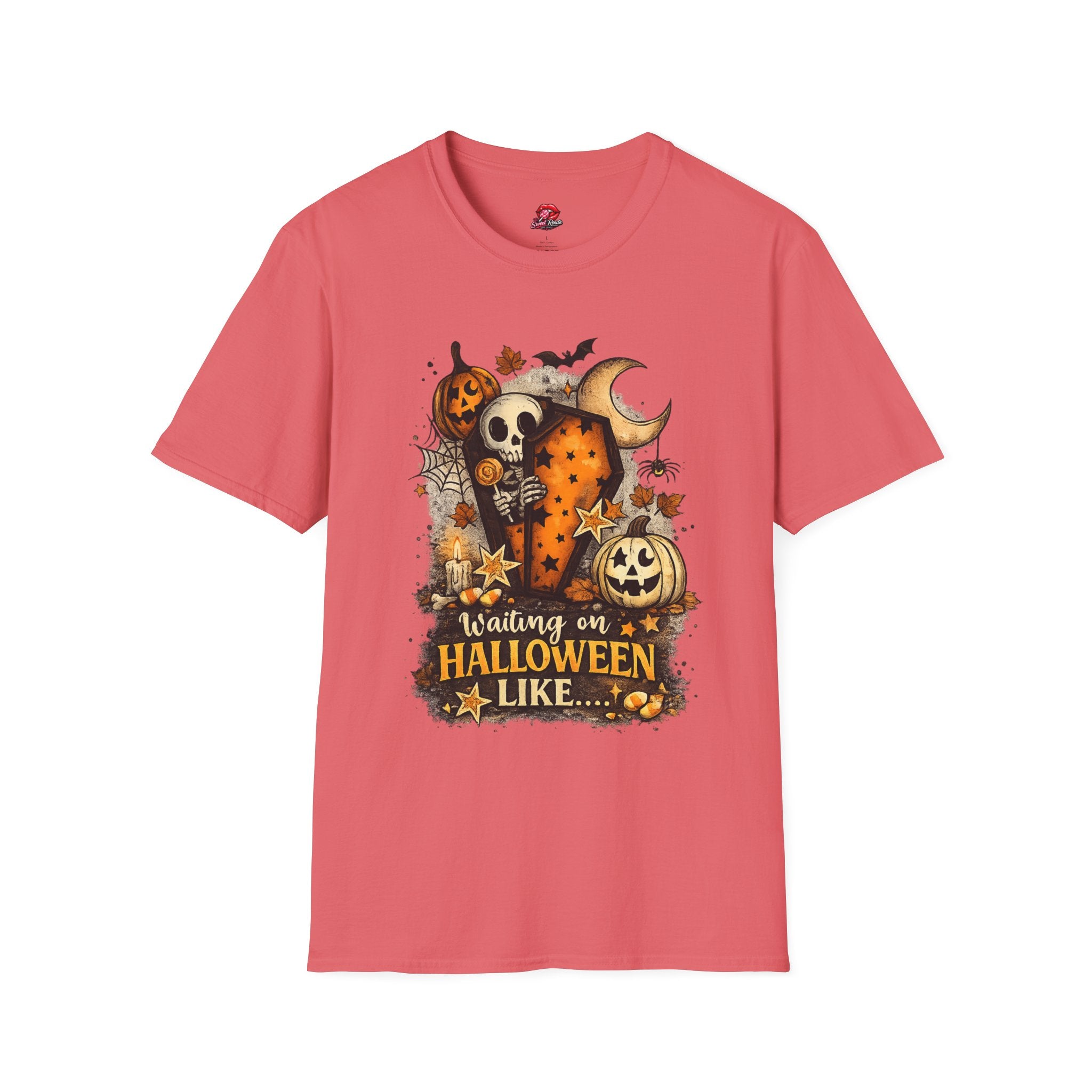 Waiting on Halloween Sunshine Skeleton Pumpkin T-Shirt | Cute Spooky Season Graphic Tee | Vintage Halloween Shirt