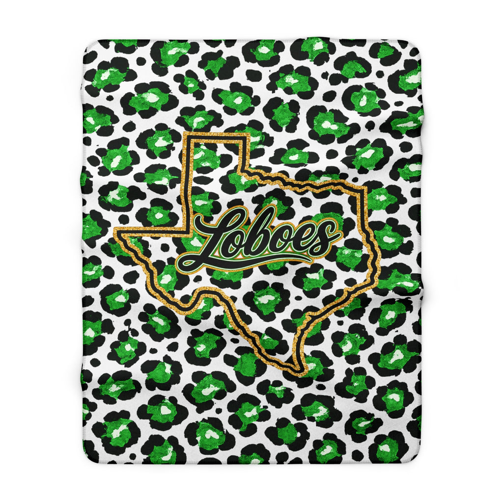 Loboes Texas Sherpa Fleece Blanket — Green Leopard Print Cozy Throw