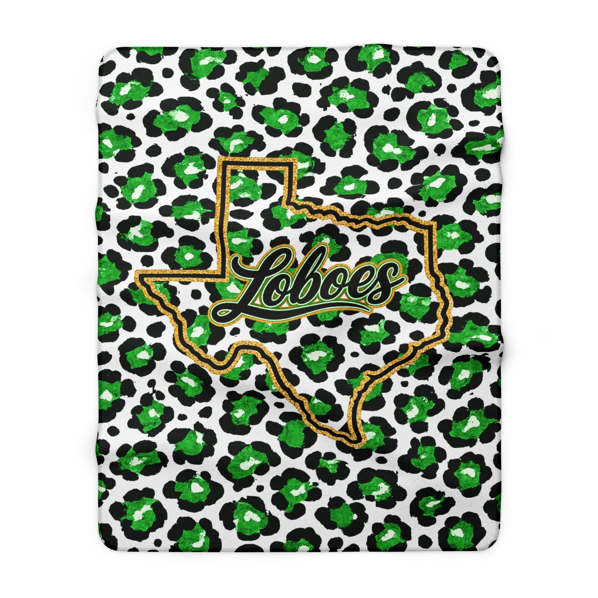 Loboes Texas Sherpa Fleece Blanket — Green Leopard Print Cozy Throw