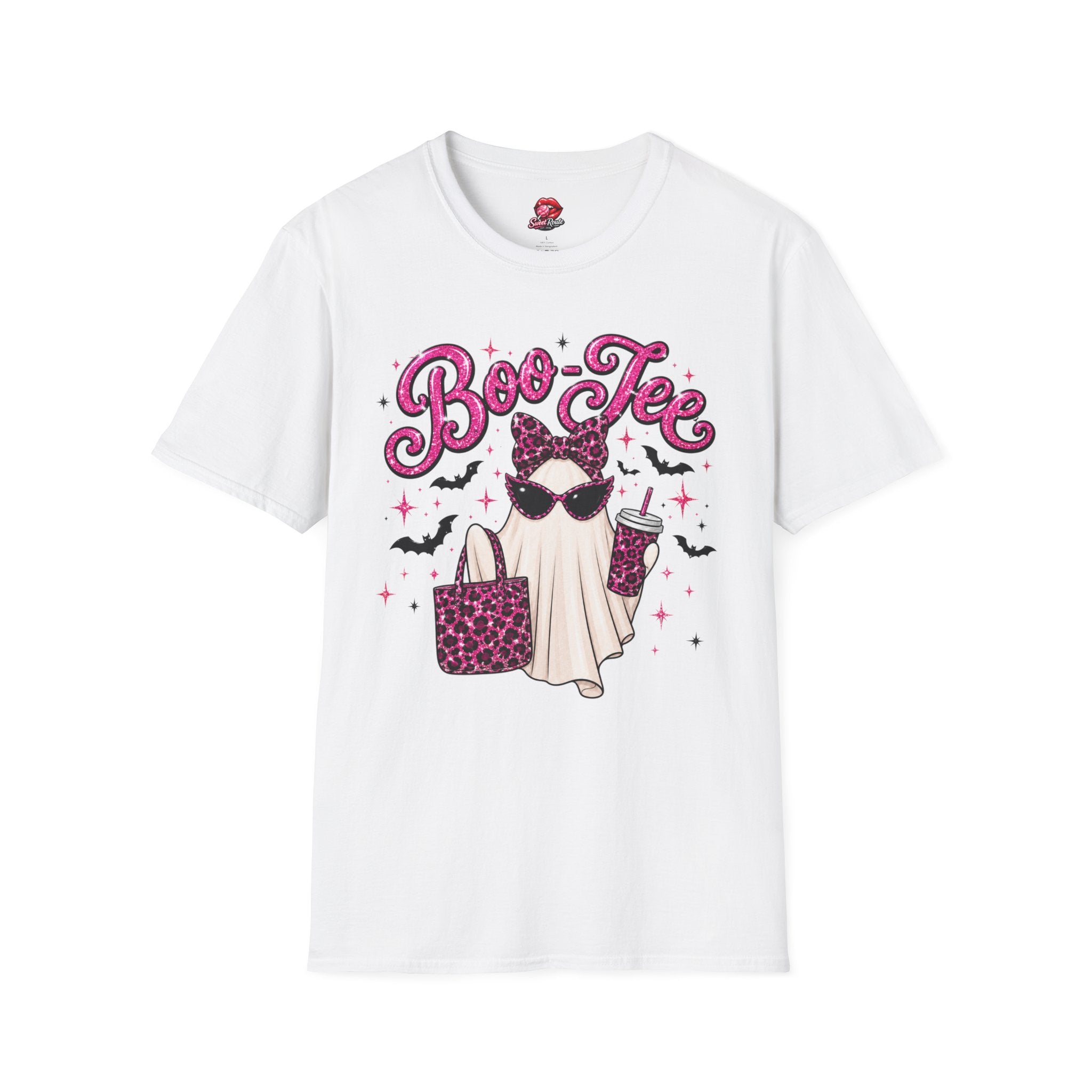 Boo-Tee Ghost Shirt | Cute Pink Leopard Ghost Halloween T-Shirt | Coquette Spooky Season Graphic Tee | Retro Girly Fall Shirt