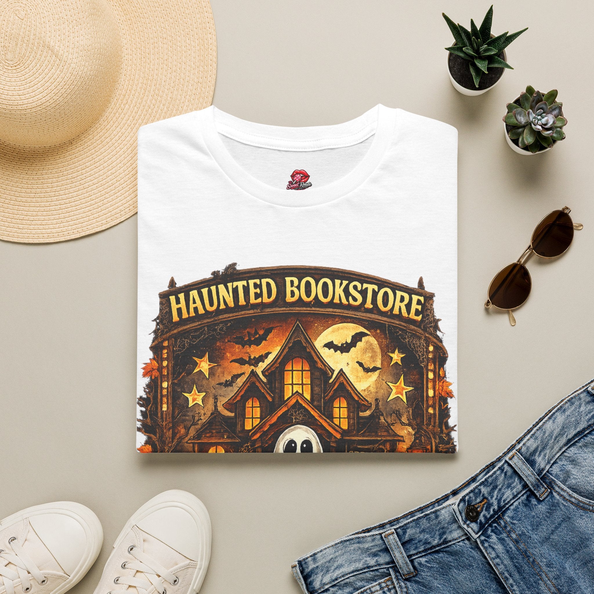 Haunted Bookstore T-Shirt | All Ghouls Welcome Halloween Shirt | Book Lover Ghost Tee | Spooky Library Graphic Tee | Fall Reading Shirt