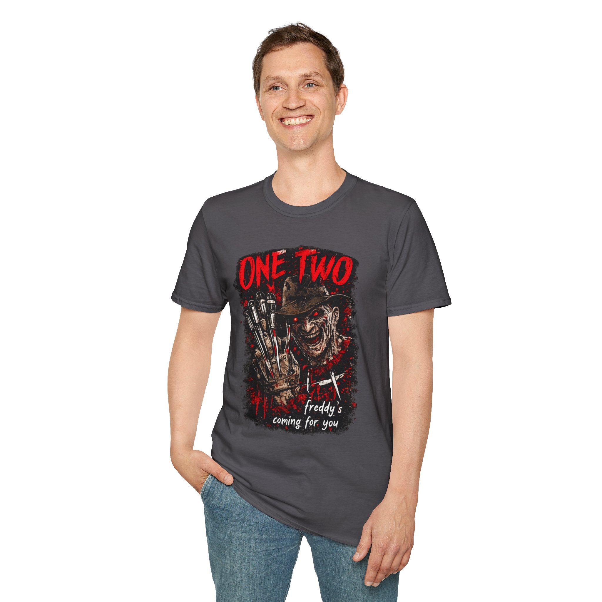 One Two Horror Graphic T-Shirt | Retro Slasher Inspired Halloween Tee | Vintage Creepy Graphic Shirt | Spooky Season Horror Fan Gift