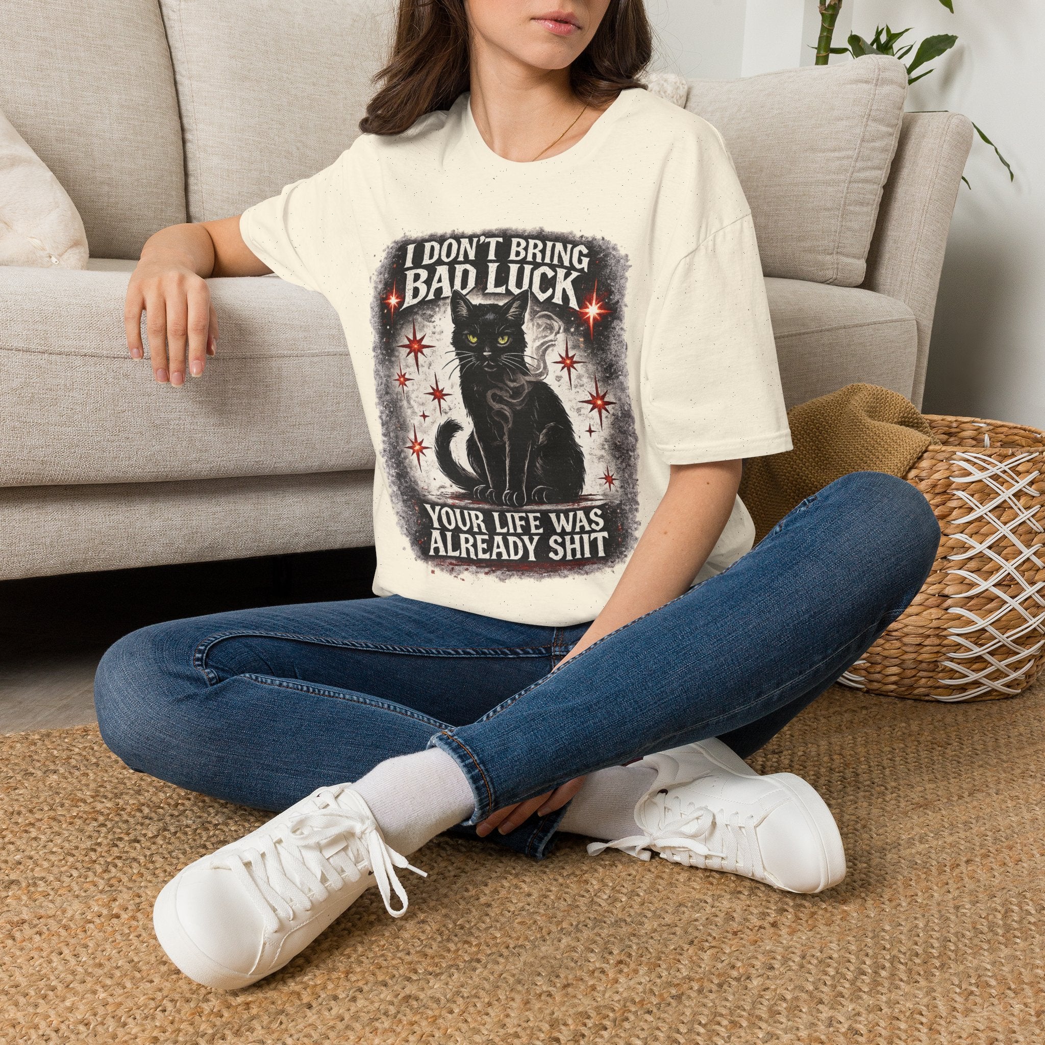 I Don’t Bring Bad Luck Black Cat T-Shirt | Vintage Witchy Halloween Graphic Tee | Spooky Cat Lover Shirt