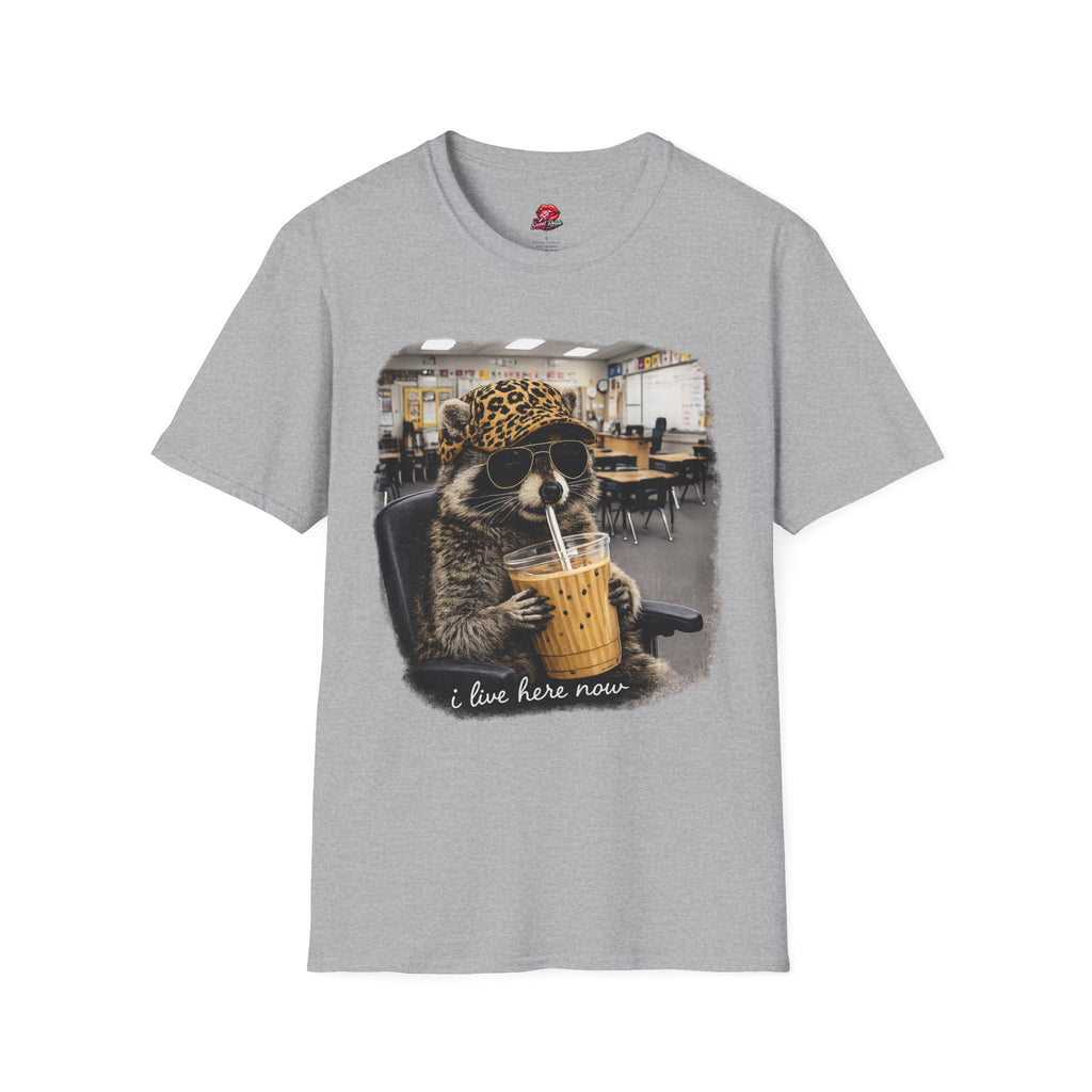 Cute Raccoon Drinking Boba T-Shirt | Leopard Bucket Hat Graphic Tee | Funny Bubble Tea Lover Shirt | Kawaii Animal Unisex Gift