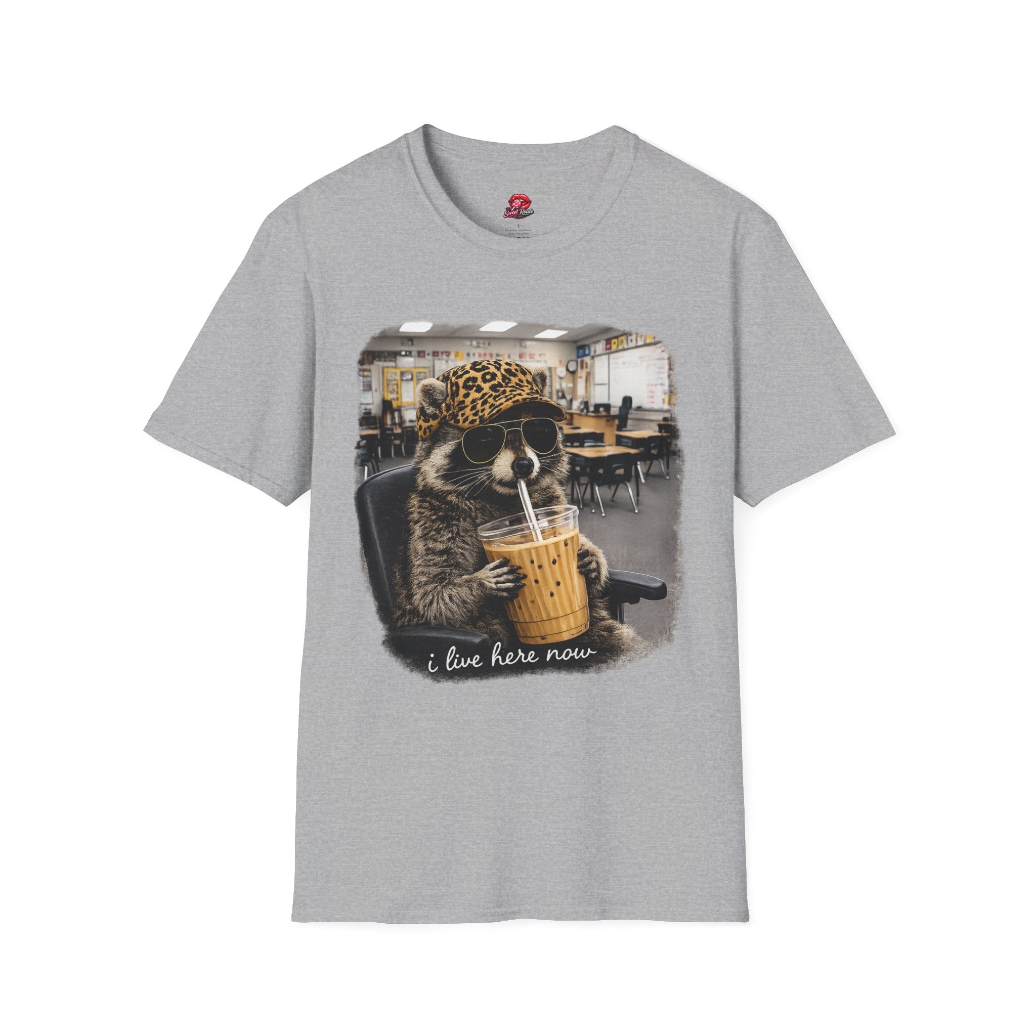 Cute Raccoon Drinking Boba T-Shirt | Leopard Bucket Hat Graphic Tee | Funny Bubble Tea Lover Shirt | Kawaii Animal Unisex Gift