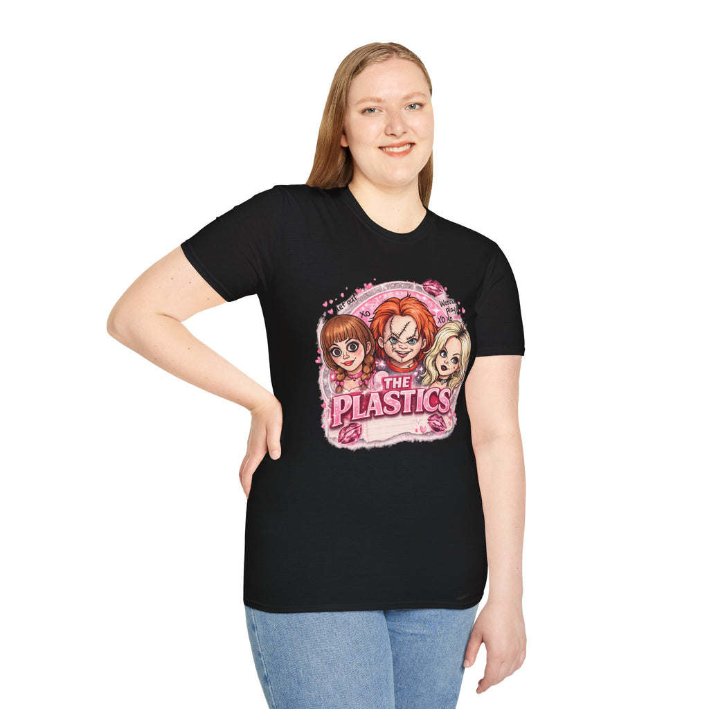 The Plastics Cute Creepy Halloween T-Shirt | Retro Spooky Cartoon Girls Tee | Pink Horror Movie Inspired Graphic Shirt | Halloween Gift for Women