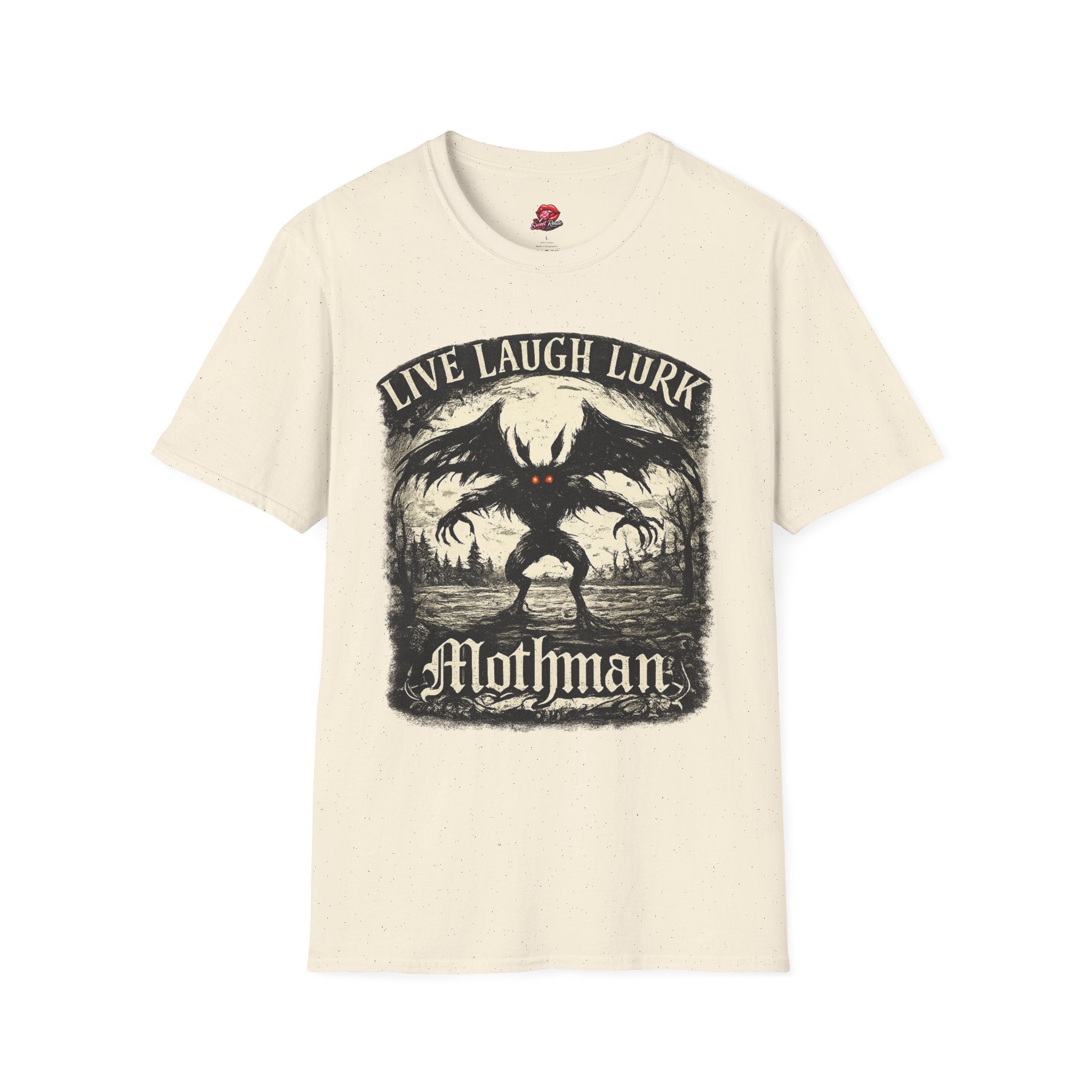 Mothman Live Laugh Lurk Graphic T-Shirt | Funny Cryptid Tee | Vintage Horror Shirt | Spooky Halloween Gift | Paranormal Apparel