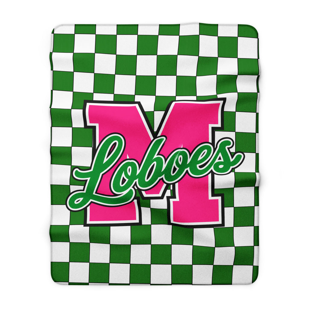 Loboes Checkered Sherpa Blanket — Green & Pink School Mascot Throw