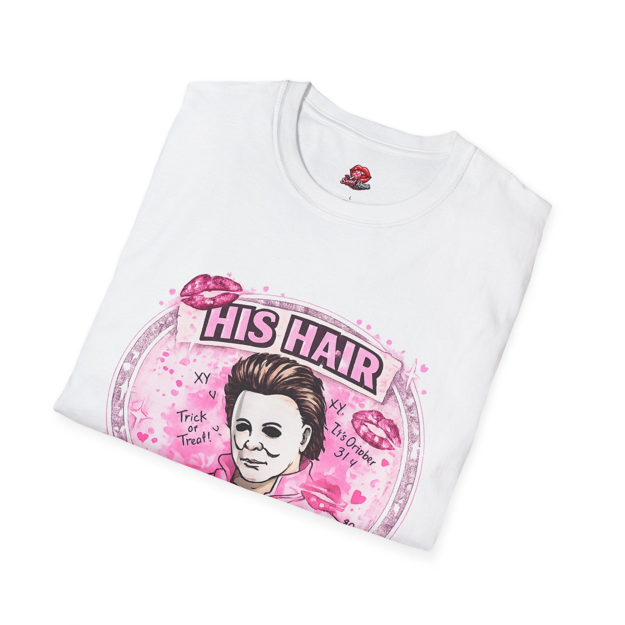 His Hair Looks Pushed Back T-Shirt | Funny Retro Graphic Tee | Pink Pop Culture Inspired Shirt | Cute Sarcastic Women’s Tee
