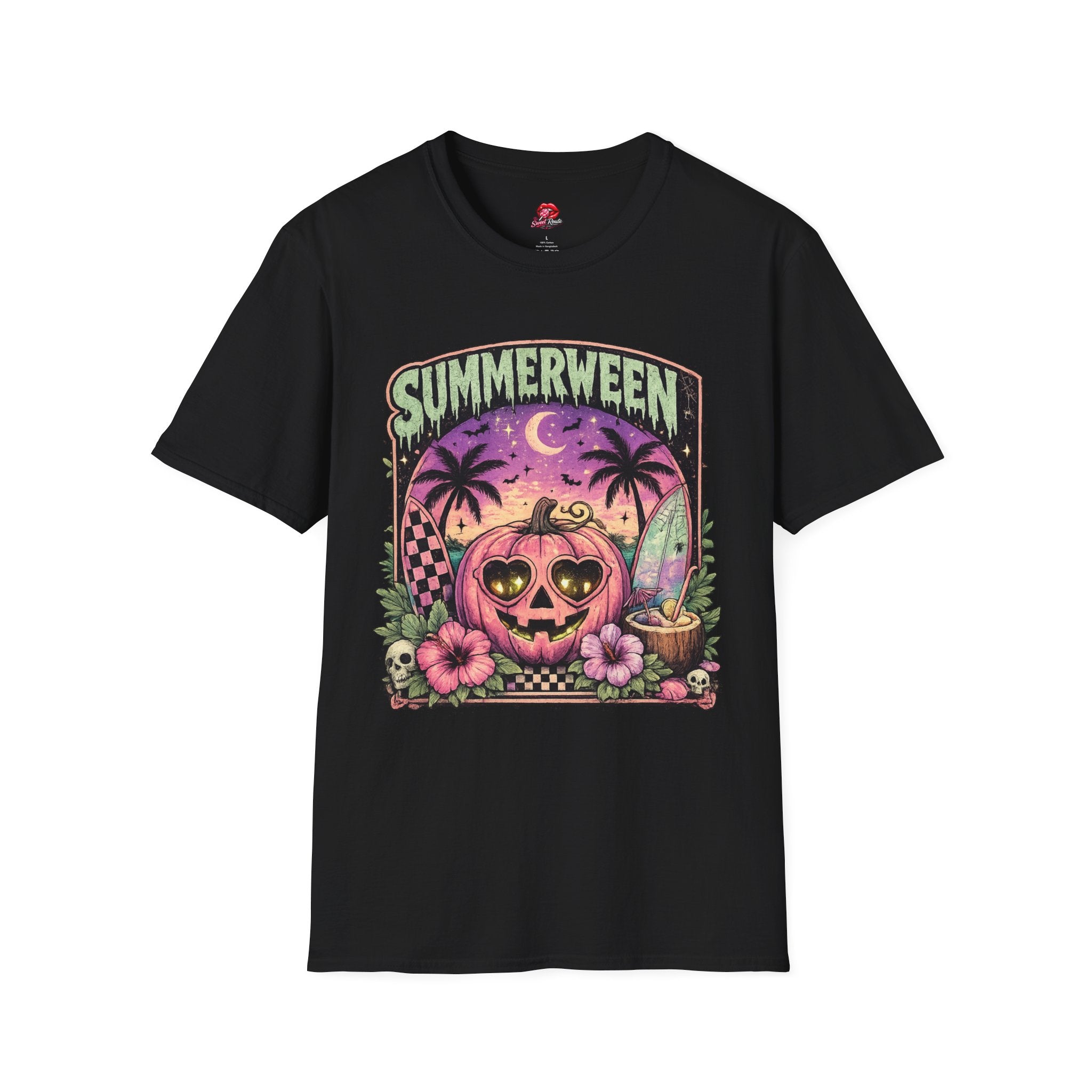 Summerween T-Shirt — Tropical Halloween Pumpkin Tee | Pink Skull Graphic Tee | Spooky Summer Vacation Shirt