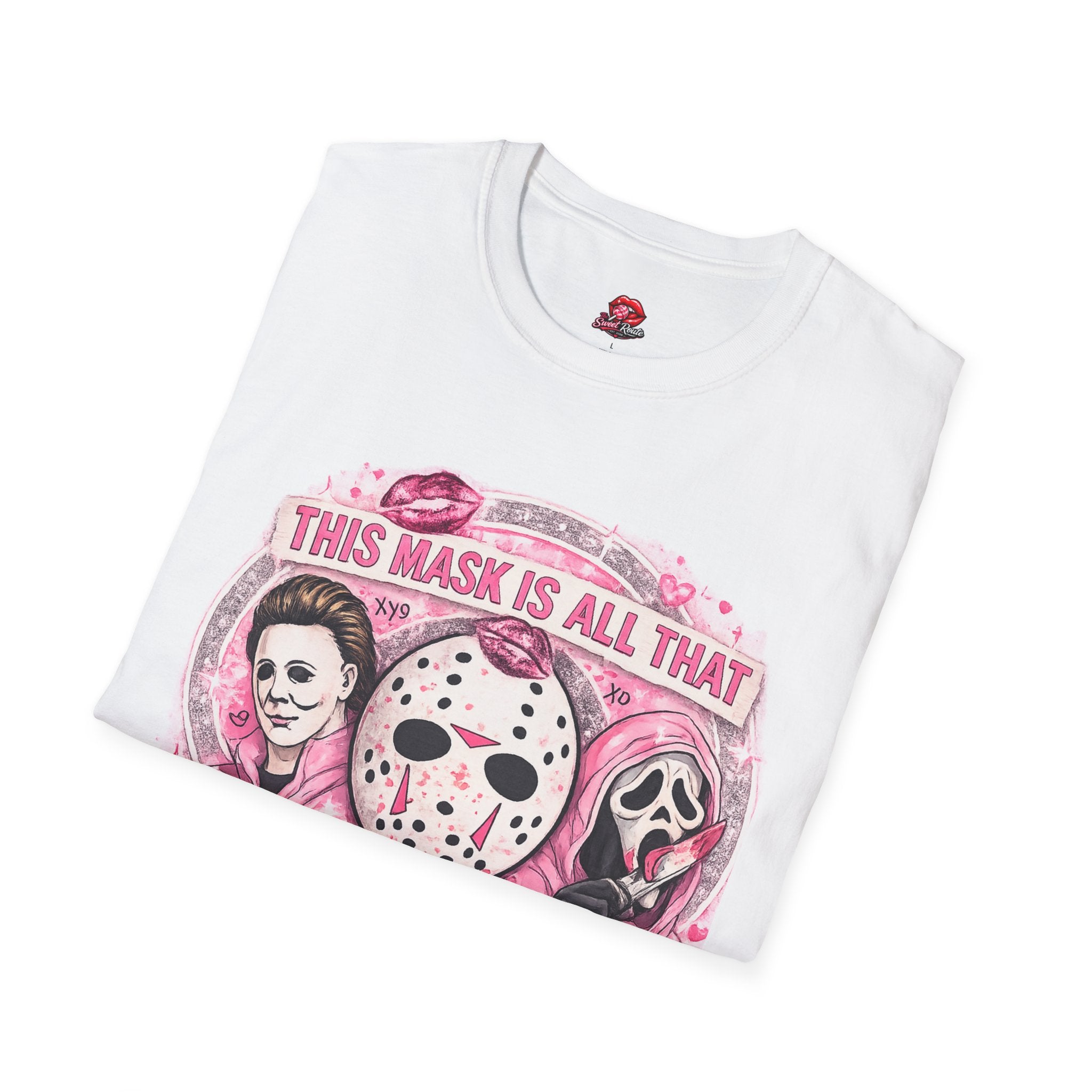 This Mask Is All That Graphic T-Shirt | Cute Pink Horror Inspired Tee | Retro Spooky Halloween Shirt | Creepy Cute Graphic Tee