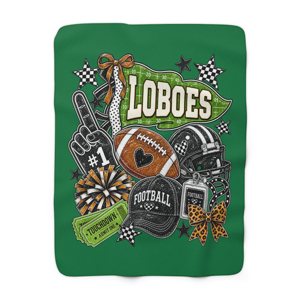 Loboes Football Sherpa Blanket — Cozy Game Day Fleece with Helmet, Pom Pom & Touchdown Design