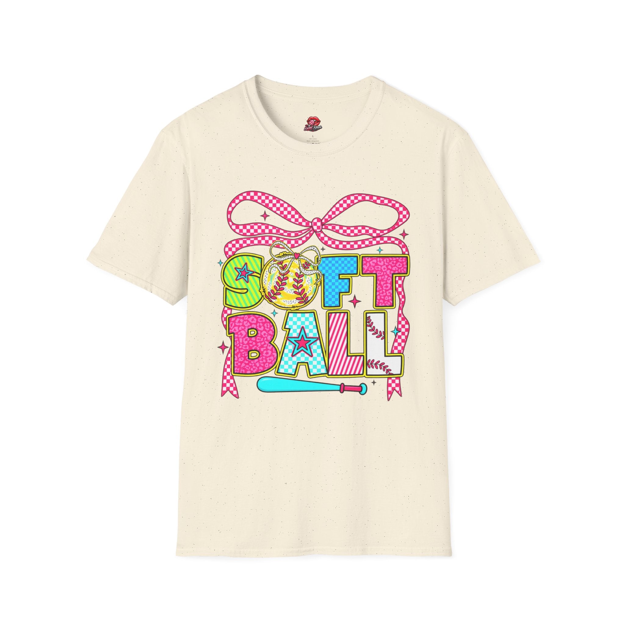 Colorful Bow & Bat Softball Tee