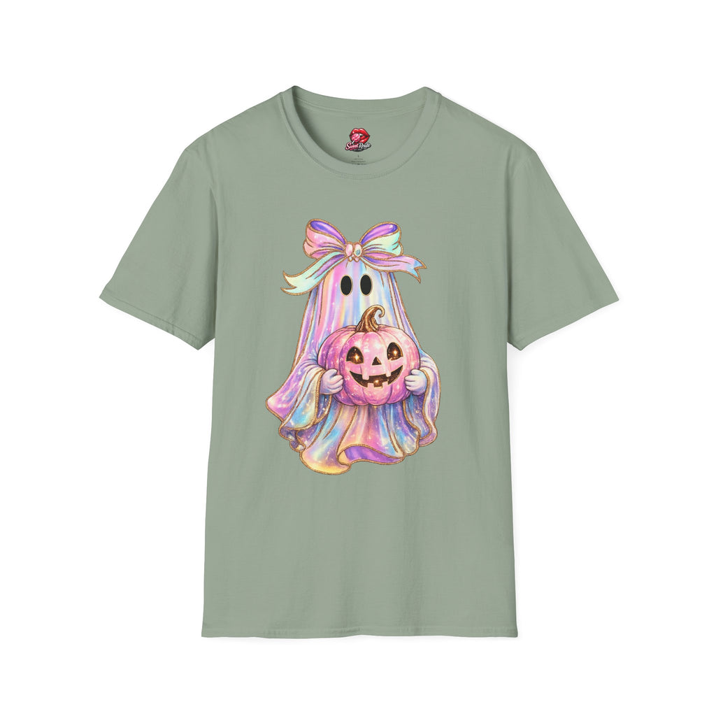 Pastel Ghost with Bow Halloween T-Shirt | Cute Coquette Ghost Graphic Tee | Pink Pumpkin Spooky Season Shirt