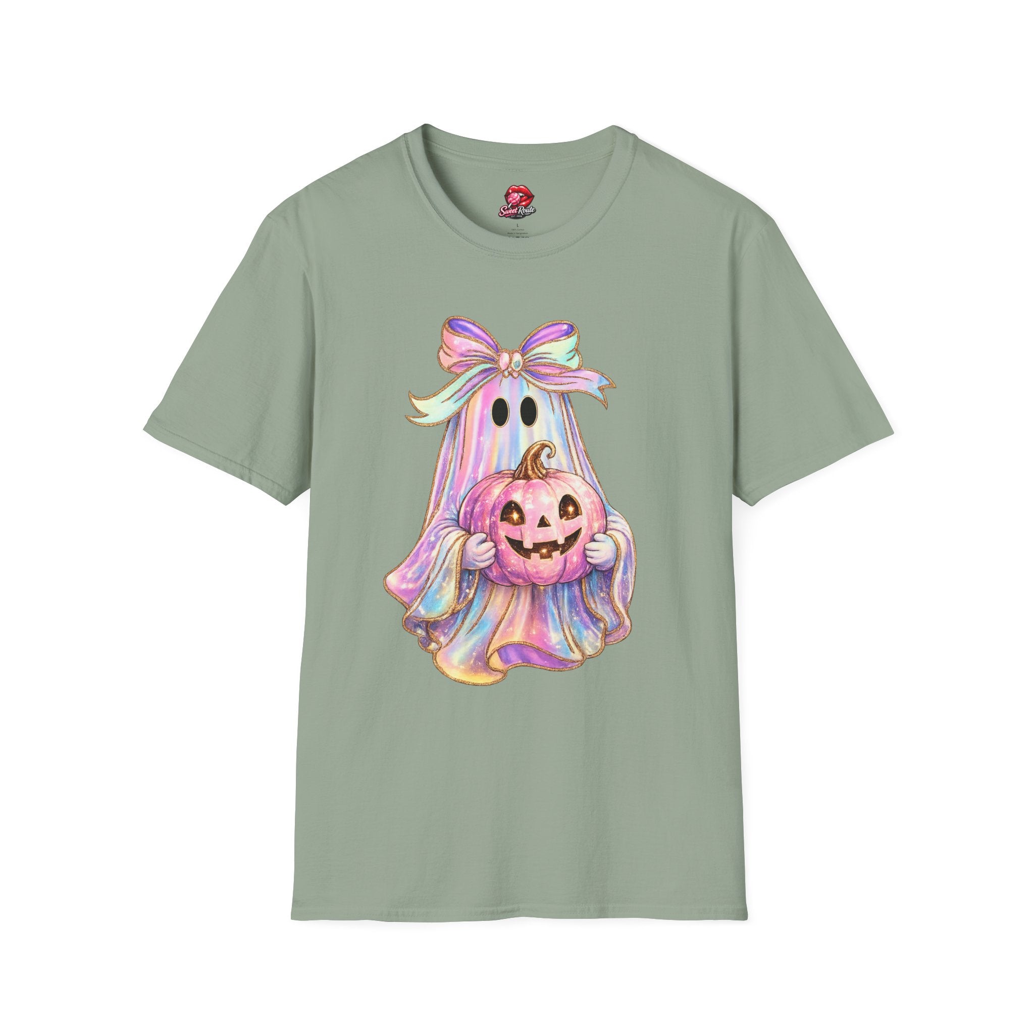 Pastel Ghost with Bow Halloween T-Shirt | Cute Coquette Ghost Graphic Tee | Pink Pumpkin Spooky Season Shirt