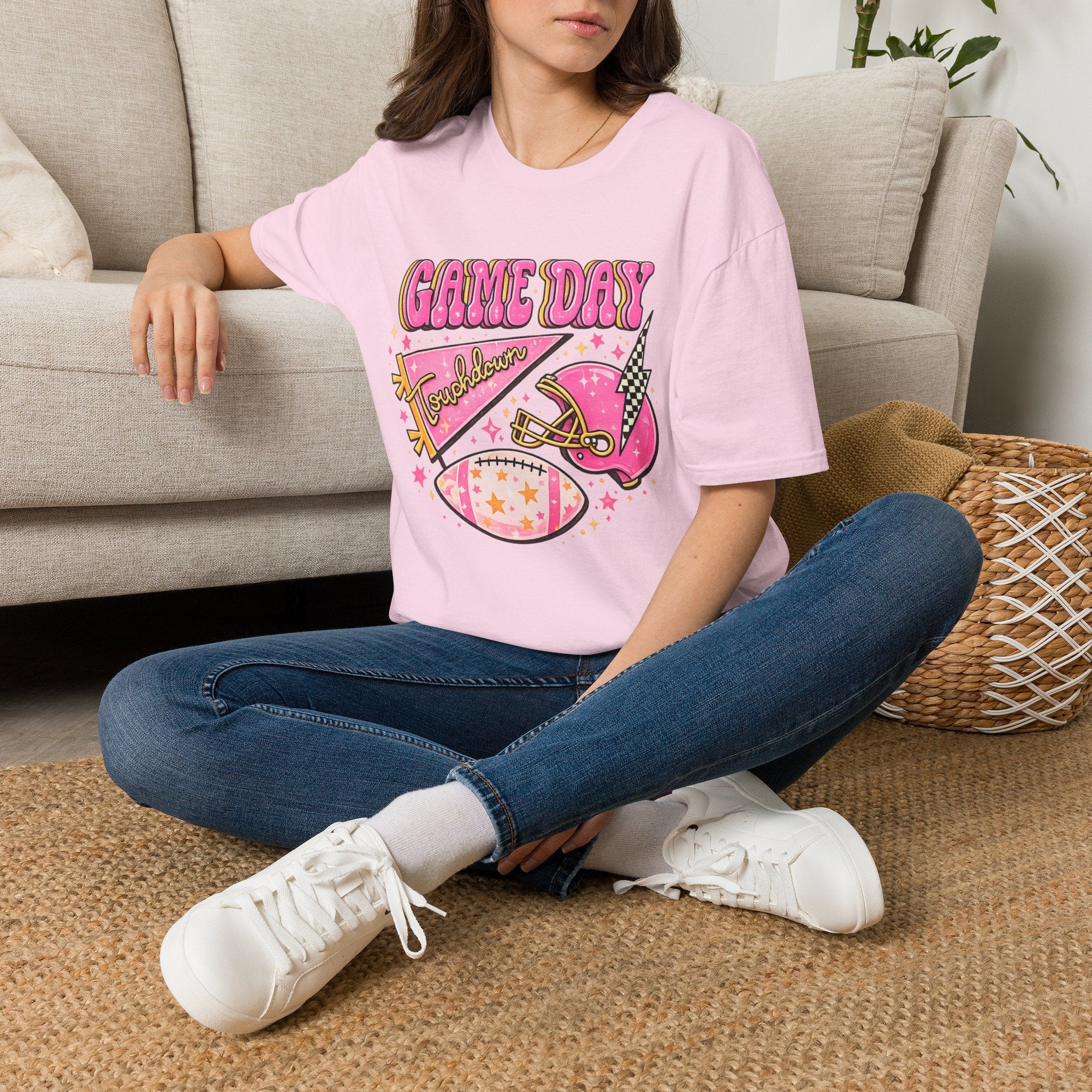 Game Day Touchdown T-Shirt | Pink Retro Football Graphic Tee | Cute Football Fan Shirt