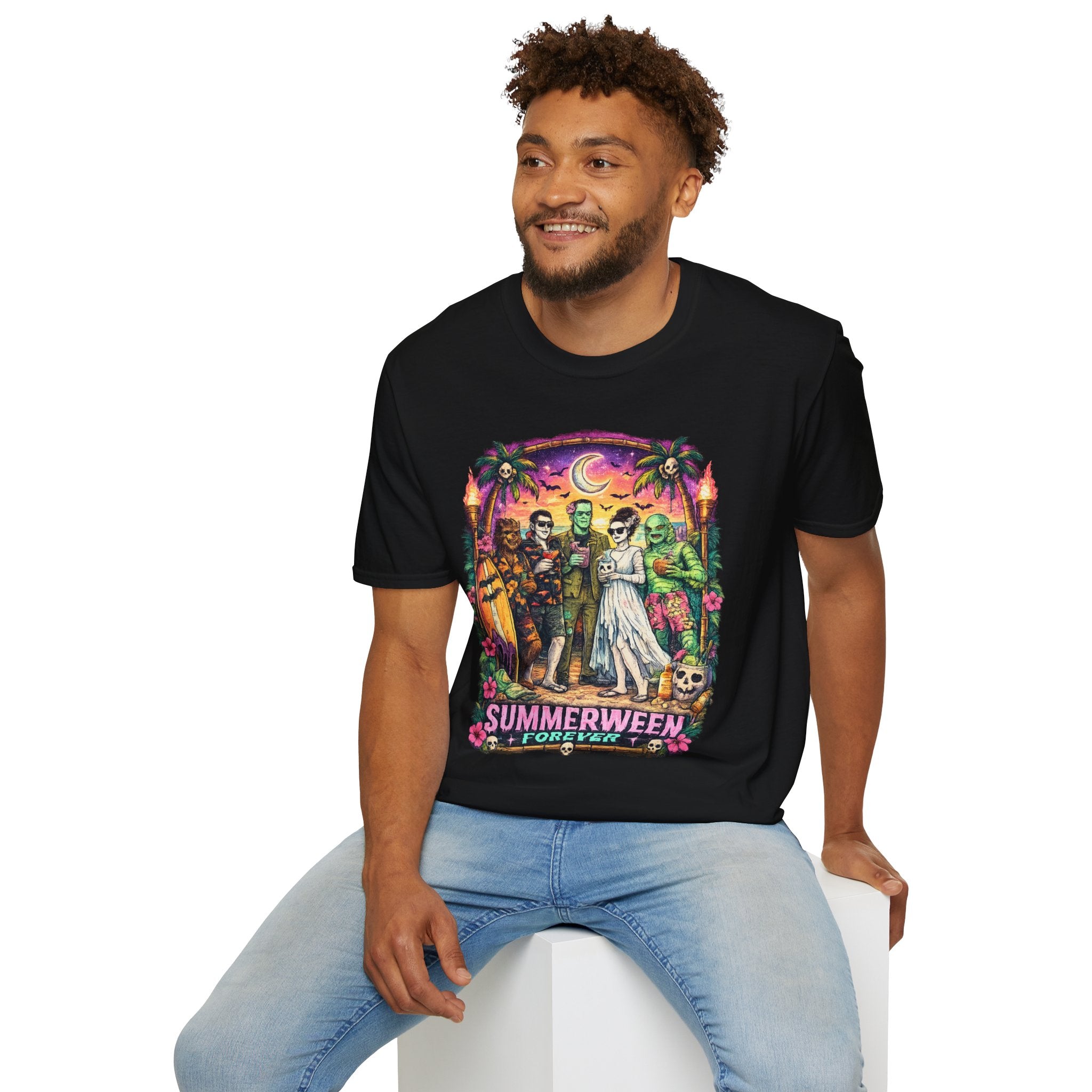 Summerween Forever T-Shirt | Retro Monster Beach Party Graphic Tee | Spooky Summer Halloween Shirt | Cute Horror Vacation Tee
