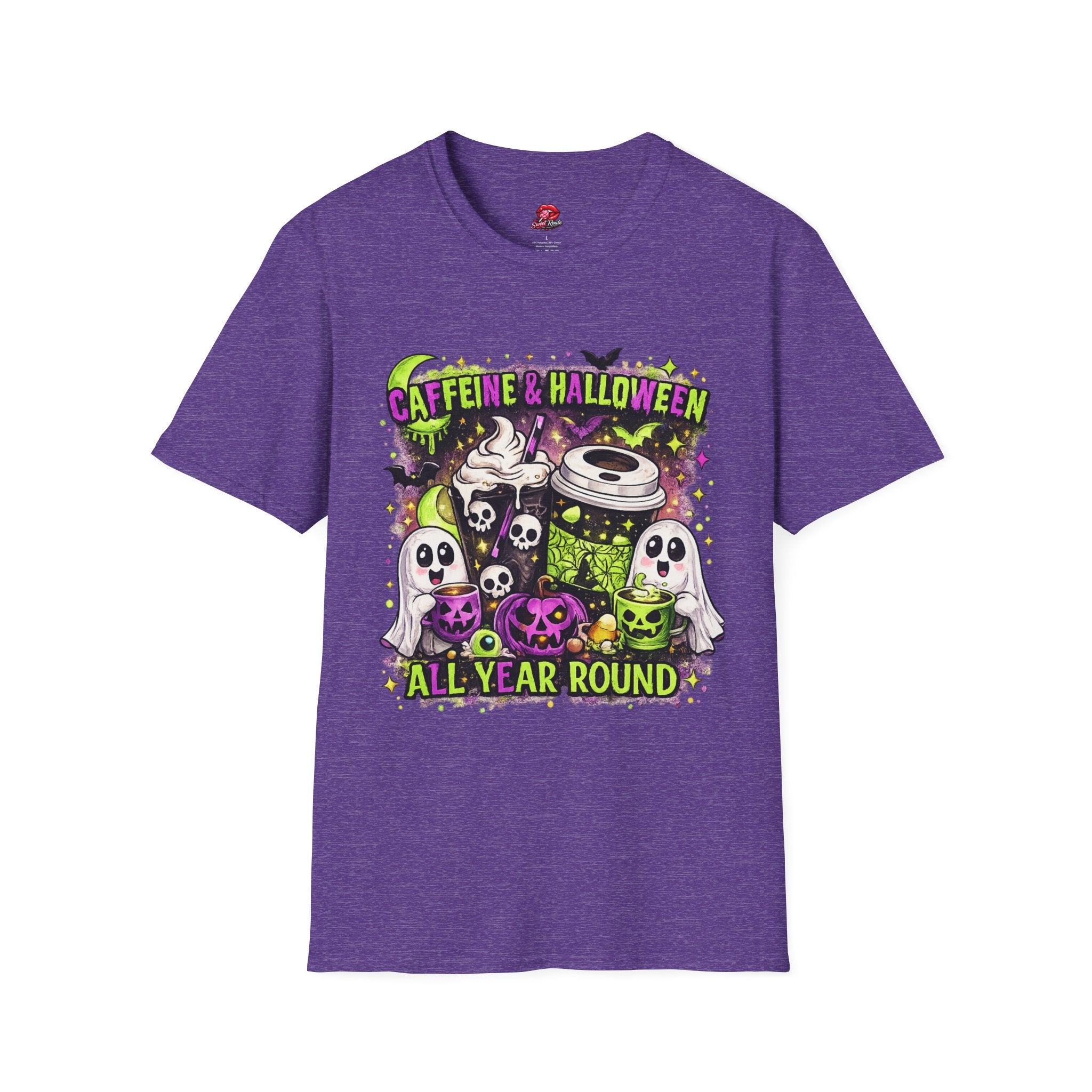 Caffeine & Halloween T-Shirt | Spooky Coffee Lover Graphic Tee | Retro Ghost Pumpkin Fall Shirt | Halloween Coffee Shirt