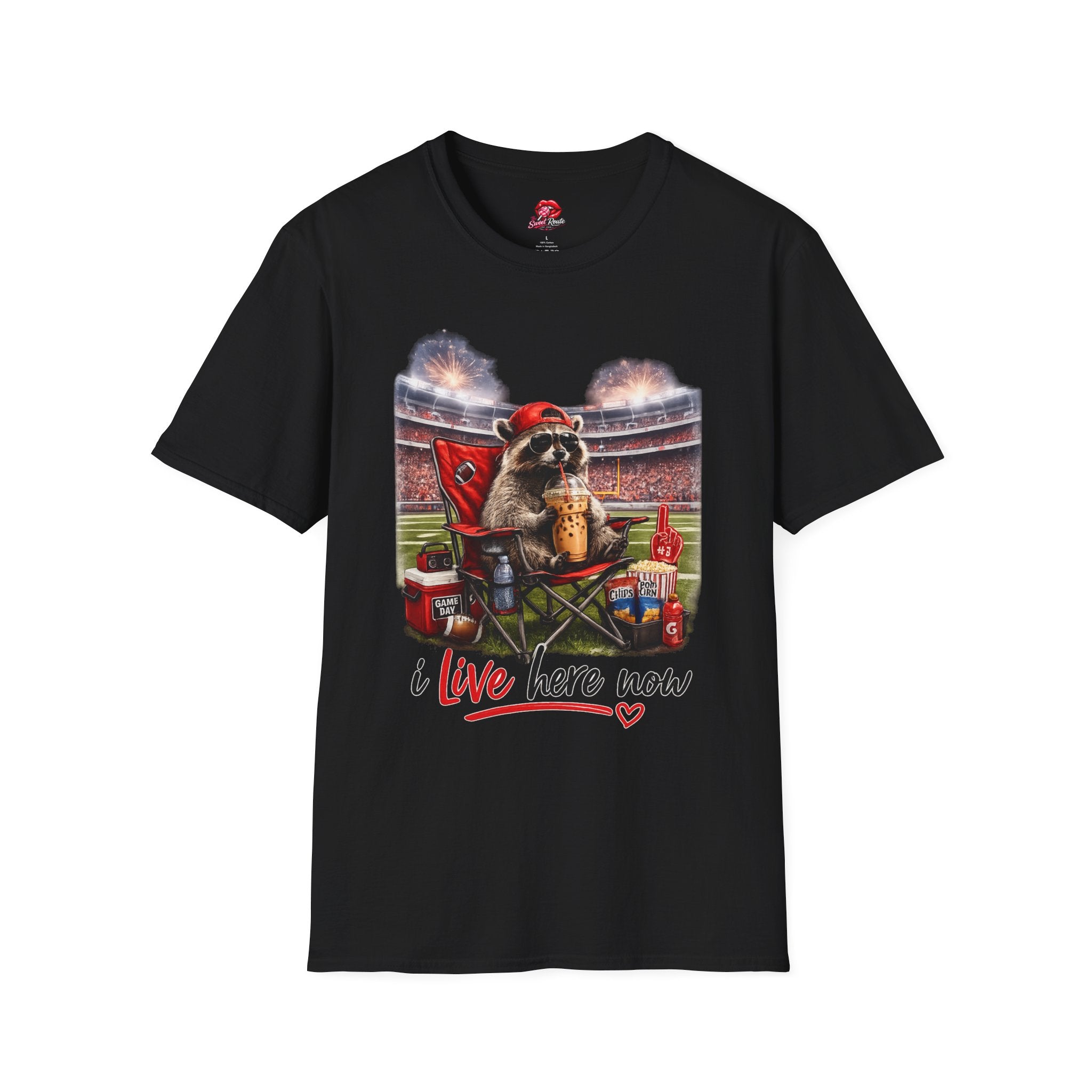 Raccoon Tailgate T-Shirt | “I Live Here Now” Funny Football Game Day Tee | Cute Fall Graphic Shirt