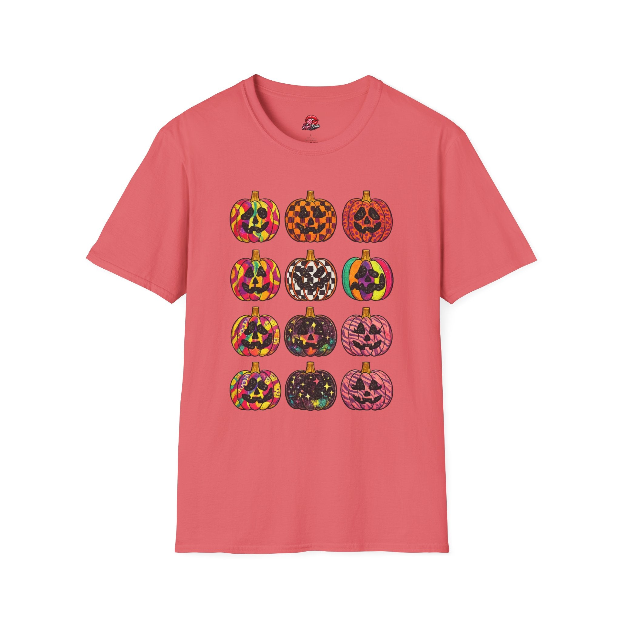 Colorful Jack-O-Lantern pattern T-Shirt | Cute Halloween Pumpkin Graphic Tee | Spooky Season Fall Shirt for Women