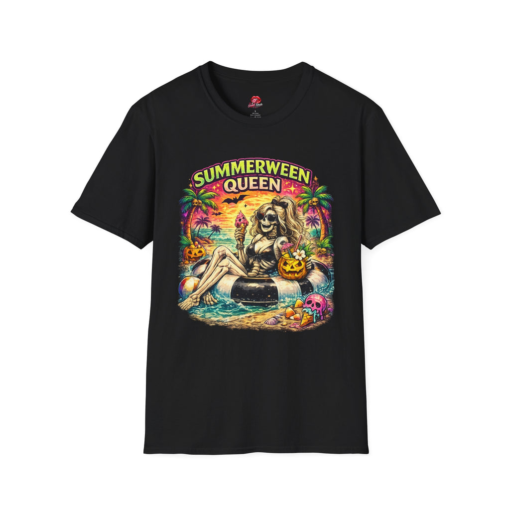 Summerween Queen T‑Shirt | Retro Halloween Beach Shirt | Spooky Summer Graphic Tee | Cute Ghost Vacation Tee| Fall Lover Gift