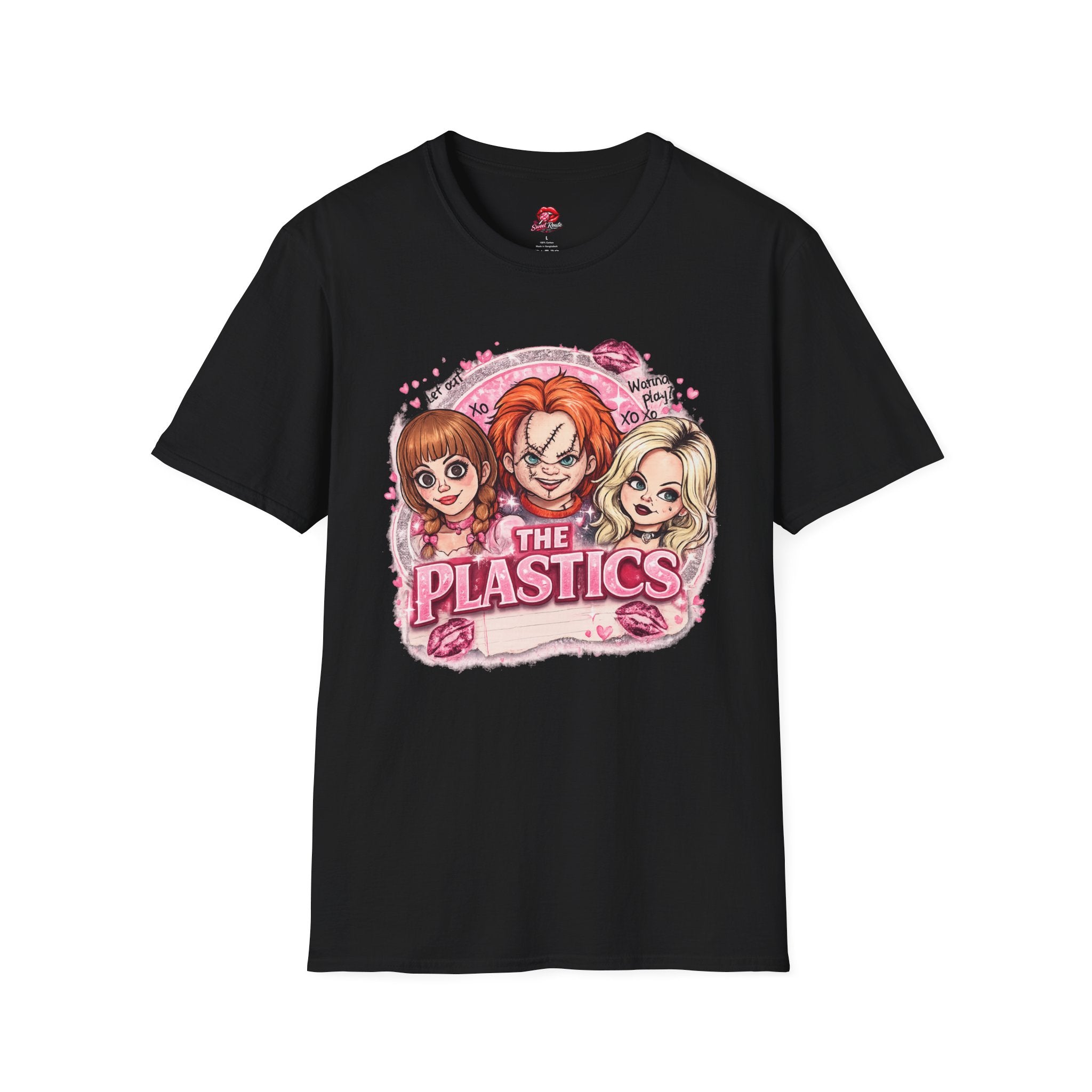The Plastics Cute Creepy Halloween T-Shirt | Retro Spooky Cartoon Girls Tee | Pink Horror Movie Inspired Graphic Shirt | Halloween Gift for Women