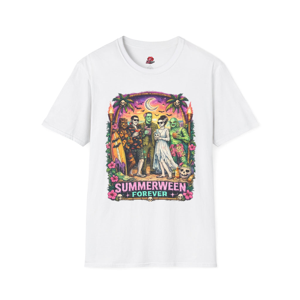 Summerween Forever T-Shirt | Retro Monster Beach Party Graphic Tee | Spooky Summer Halloween Shirt | Cute Horror Vacation Tee