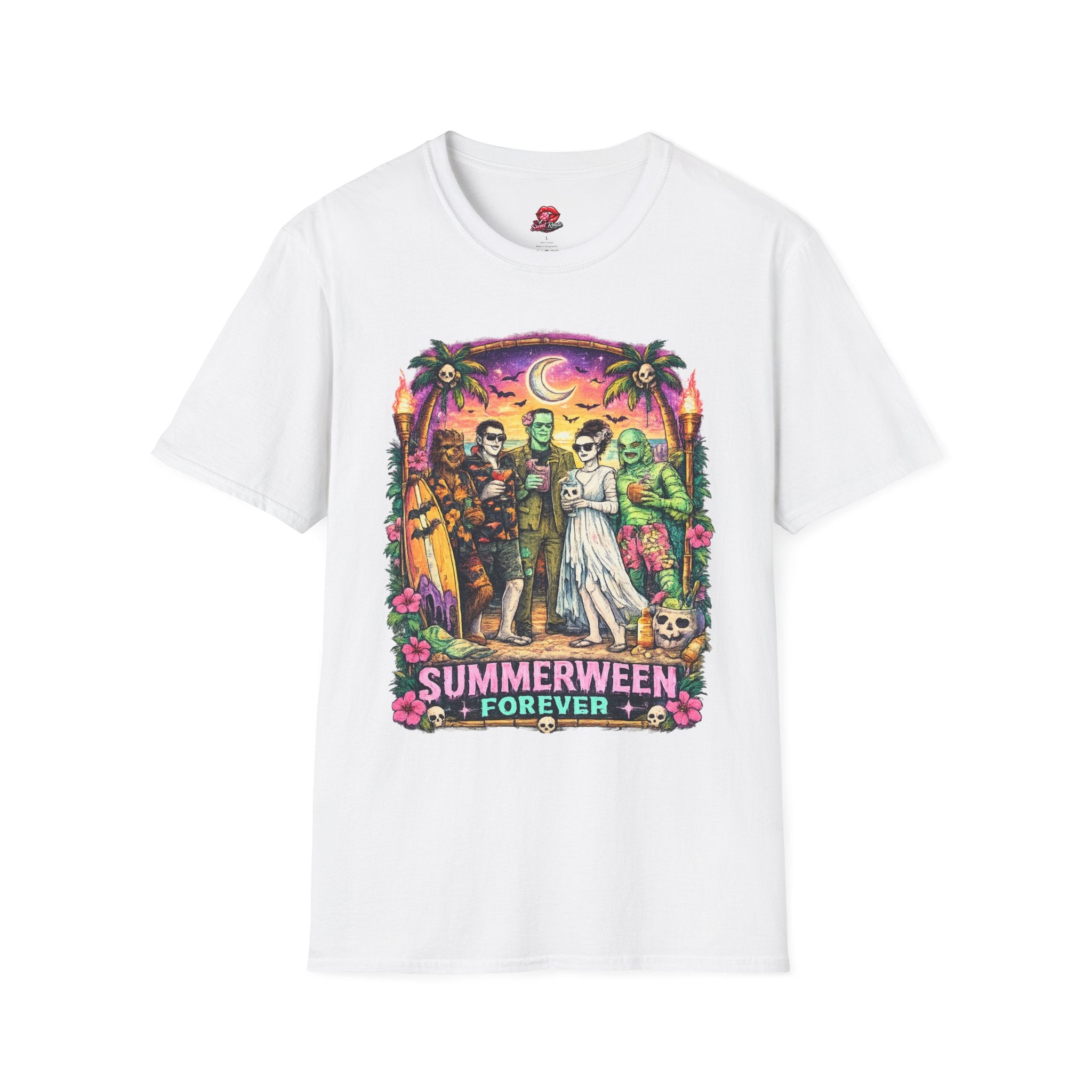 Summerween Forever T-Shirt | Retro Monster Beach Party Graphic Tee | Spooky Summer Halloween Shirt | Cute Horror Vacation Tee