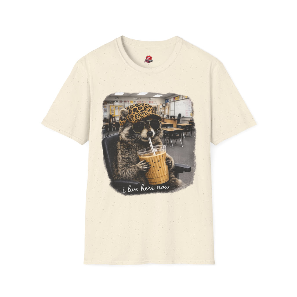 Cute Raccoon Drinking Boba T-Shirt | Leopard Bucket Hat Graphic Tee | Funny Bubble Tea Lover Shirt | Kawaii Animal Unisex Gift
