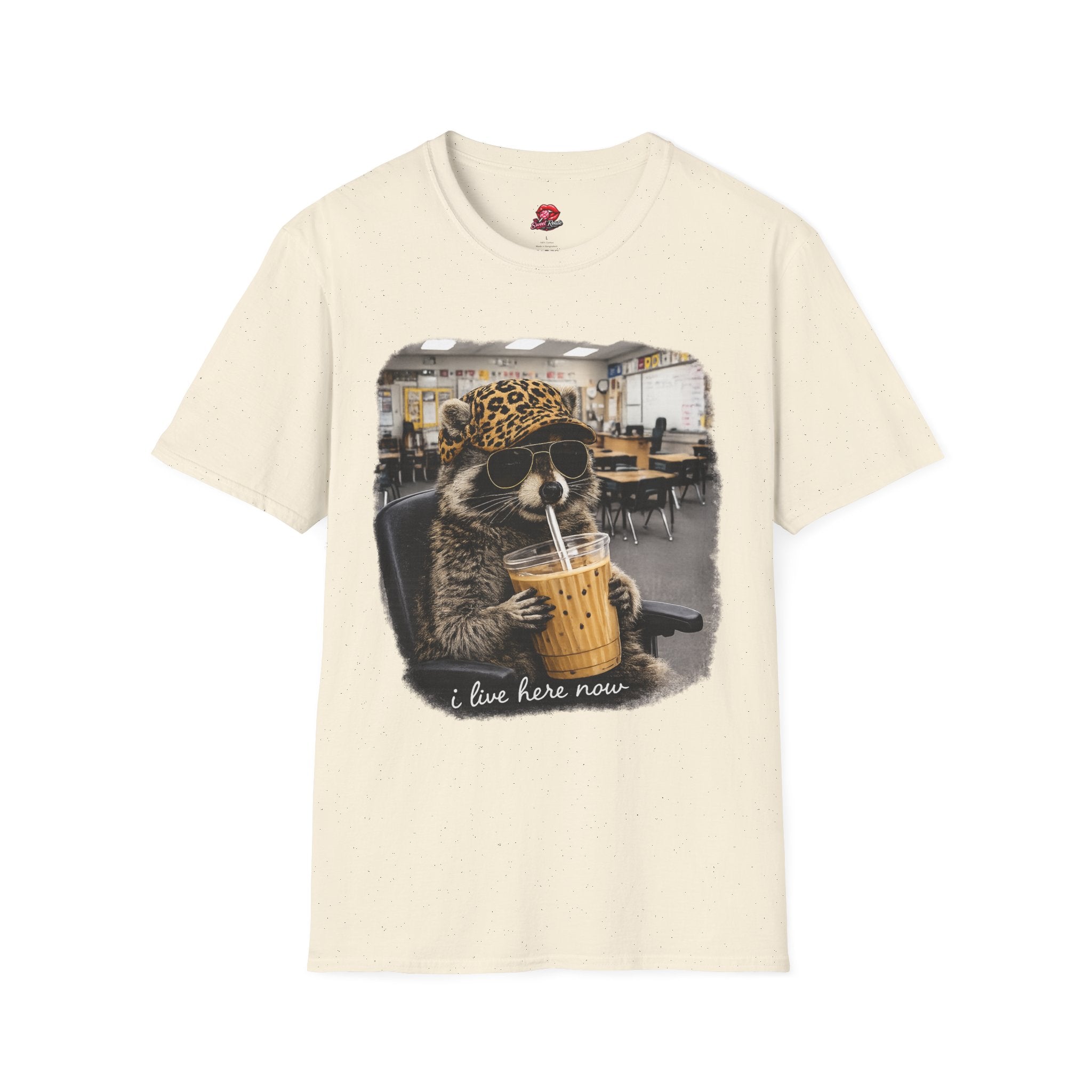 Cute Raccoon Drinking Boba T-Shirt | Leopard Bucket Hat Graphic Tee | Funny Bubble Tea Lover Shirt | Kawaii Animal Unisex Gift
