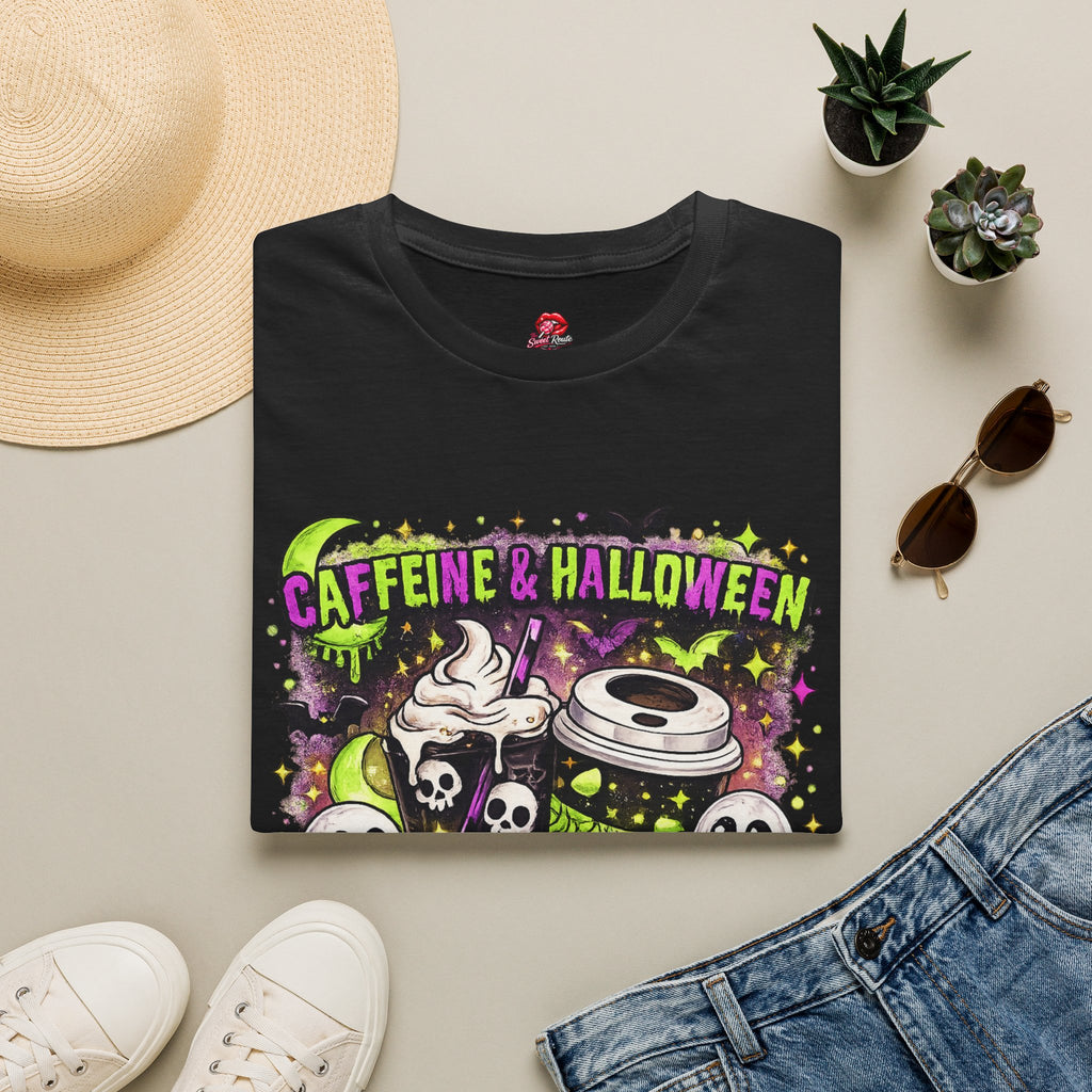 Caffeine & Halloween T-Shirt | Spooky Coffee Lover Graphic Tee | Retro Ghost Pumpkin Fall Shirt | Halloween Coffee Shirt