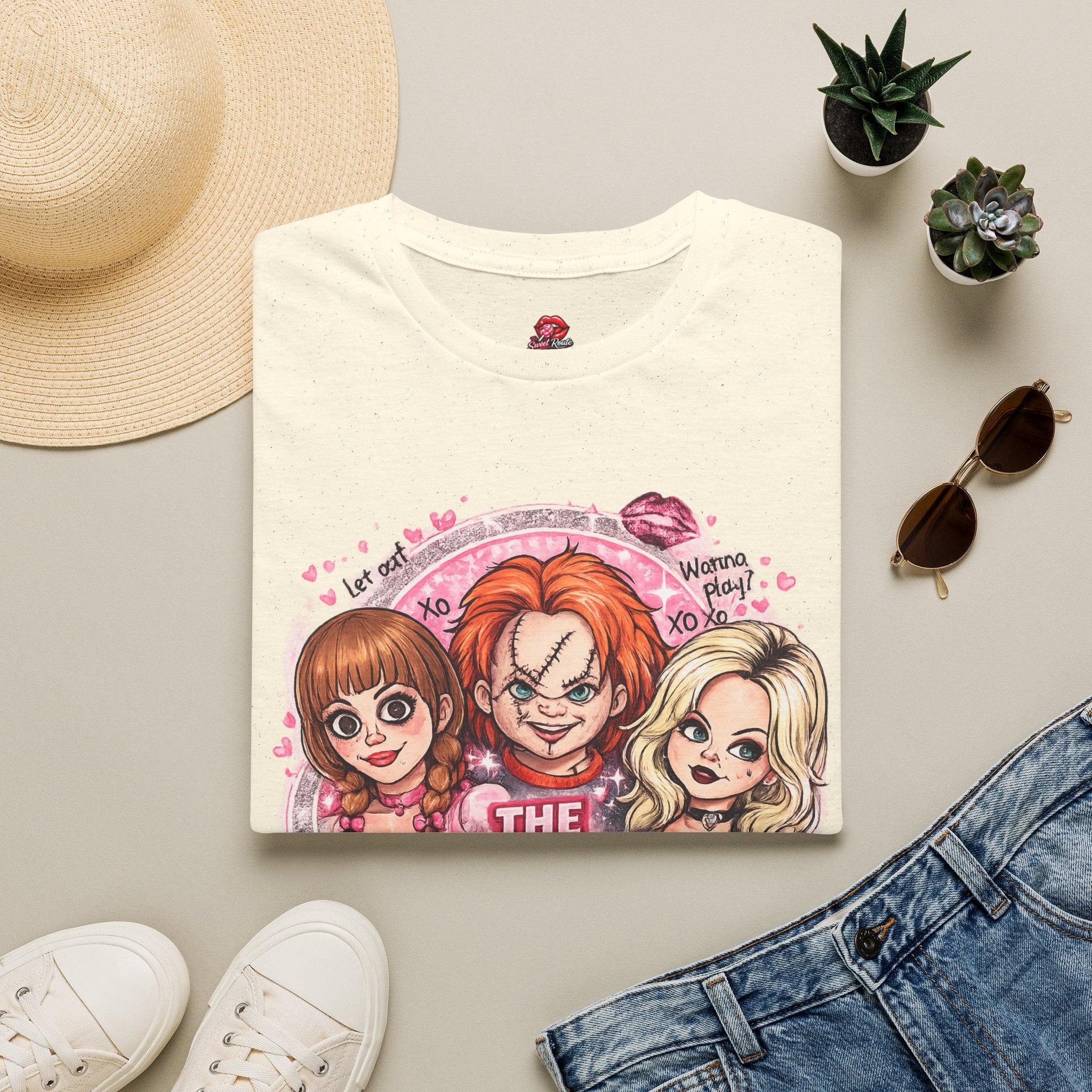 The Plastics Cute Creepy Halloween T-Shirt | Retro Spooky Cartoon Girls Tee | Pink Horror Movie Inspired Graphic Shirt | Halloween Gift for Women