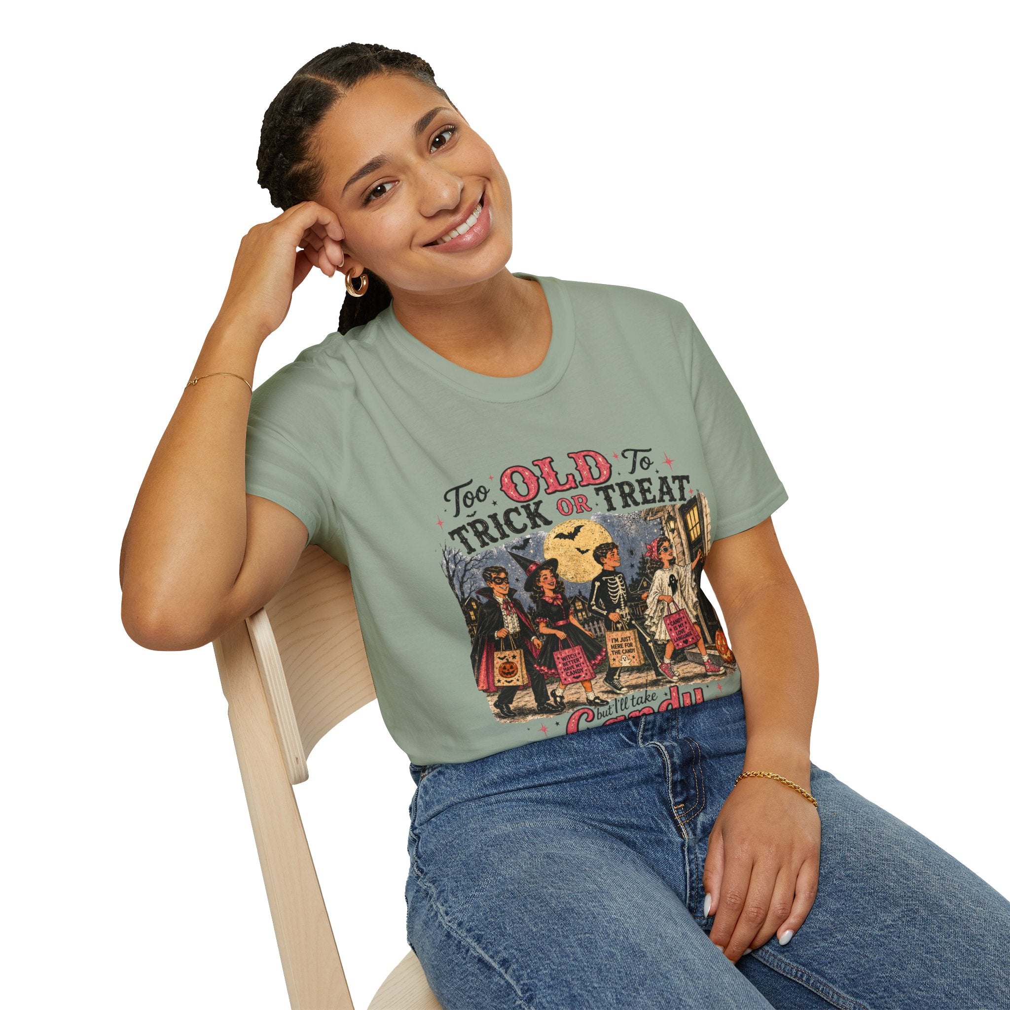 Too Old to Trick or Treat T-Shirt | Funny Vintage Halloween Shirt | Adult Halloween Graphic Tee | Spooky Season Shirt | Fall Halloween Gift