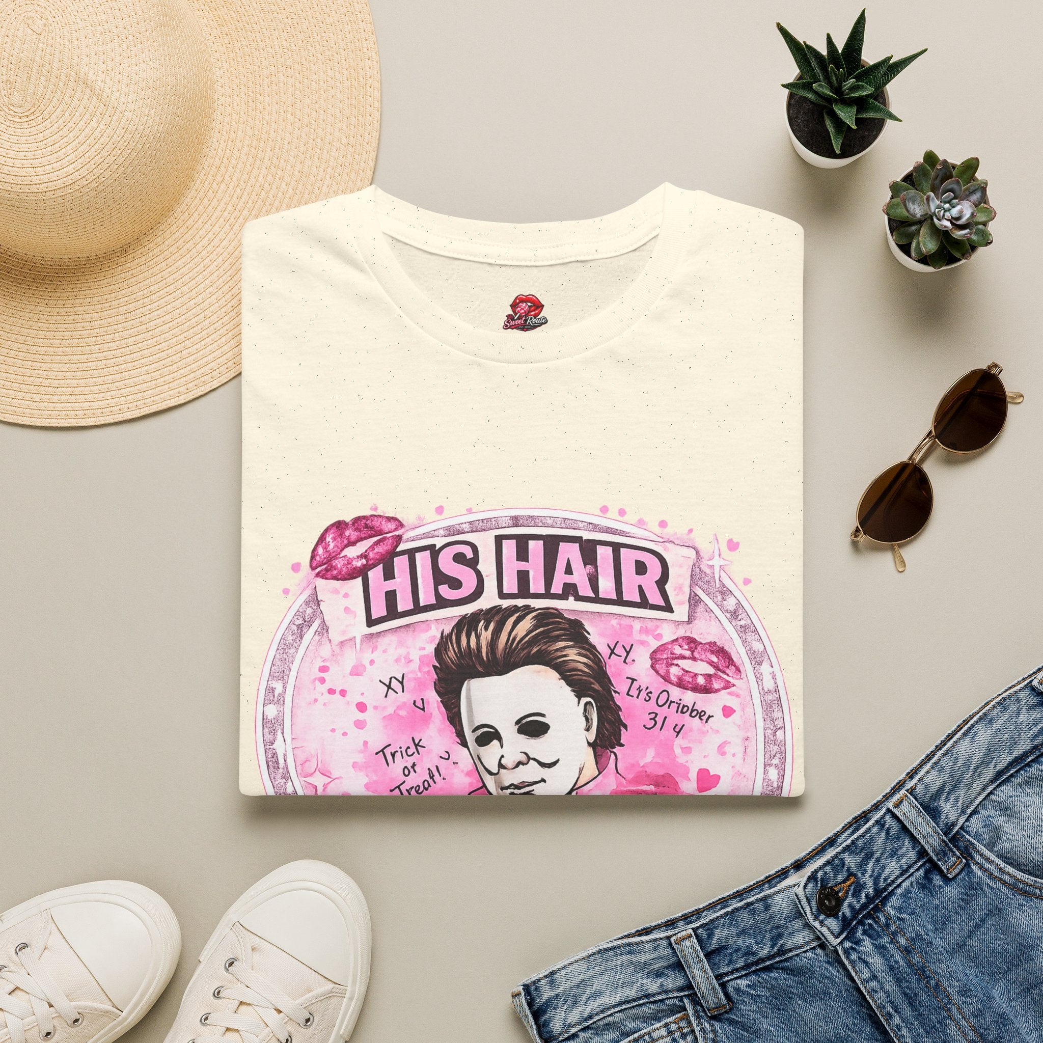 His Hair Looks Pushed Back T-Shirt | Funny Retro Graphic Tee | Pink Pop Culture Inspired Shirt | Cute Sarcastic Women’s Tee